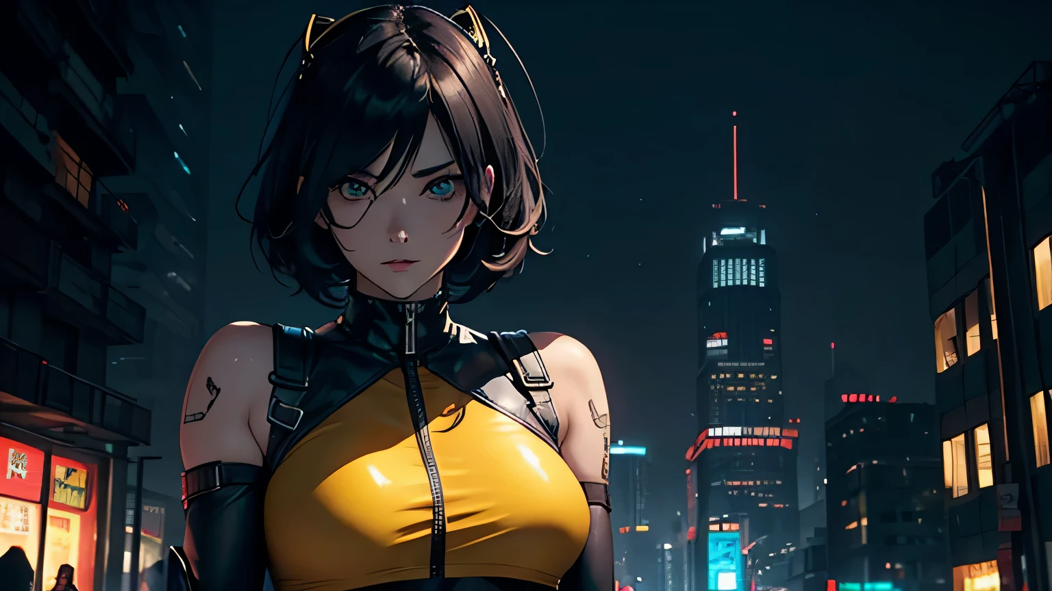 4K, A high resolution, Best quality at best, masterpiece, perfect colors, perfect shadow, perfect litthing, ((sportrait)), 1woman, fit-muscled body, bright yellow eyes,dark blue hair , blue eyes, With round lenses, The audience watched carefully, (s face: 1.2), Perfect female figure, ((dynamic pose)), ((yellow Tight crop top leather suit)), ((shy and looking at viewert)), (Perfect thick white eyebrows) Delicate fur, 详细s face, s the perfect face, At a fantasy cyberpunk city , (model pose standing), cyberpunk rooftop at dusk, with dramatic lighting and shadows casting an eerie glow over the abandoned machinery and decaying architecture, creating a haunting atmosphere, lighting atmosphere, ((Bonifasko lighting)), (The round lenses on his eyes)(詳細な目), Perfect student, ((face close up))