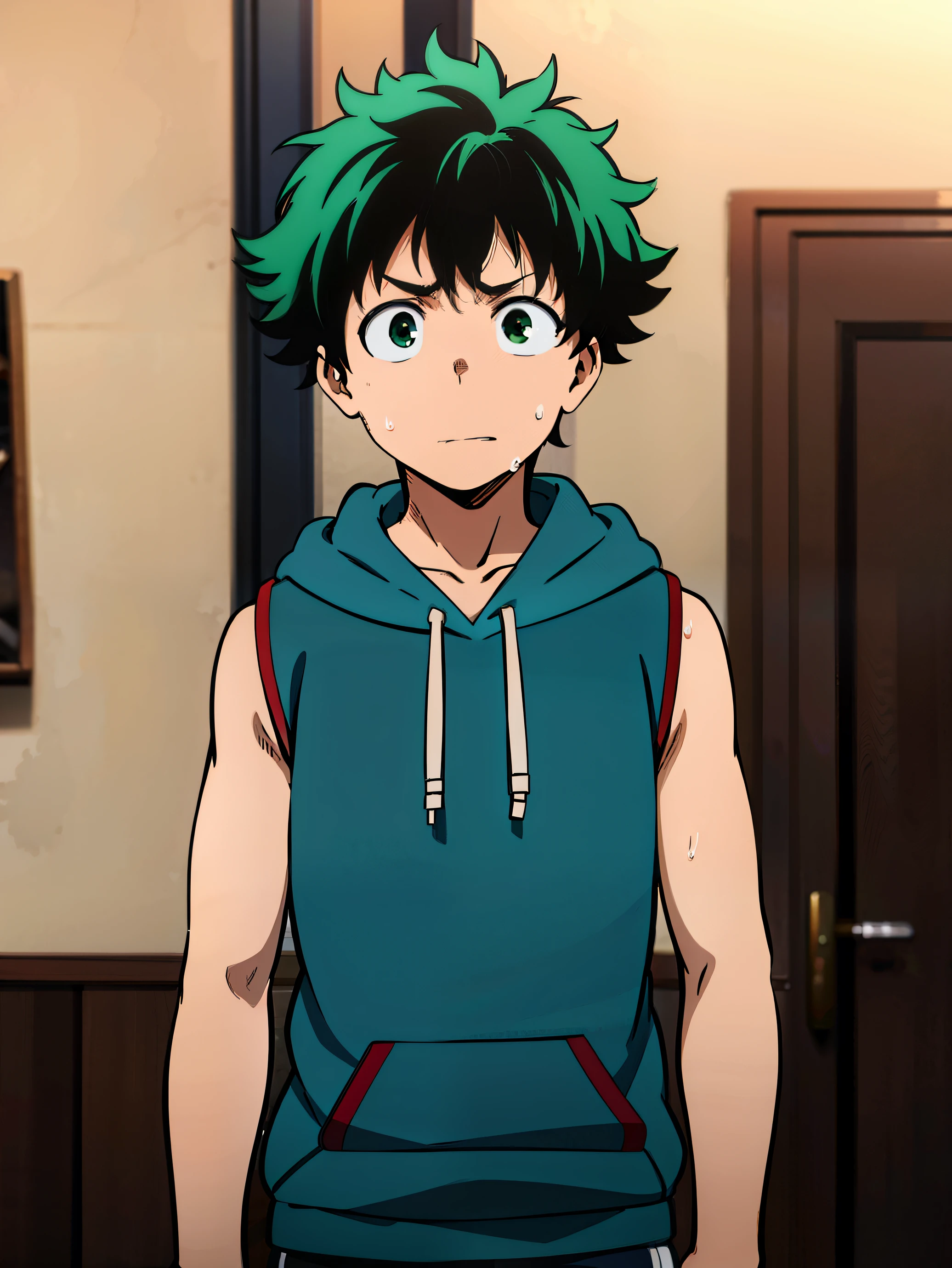 Highres, Masterpiece, Best quality at best,Best Quality,hight quality, hight detailed, Izuku Midoriya, Green hair, Green eye, 1boy, Boy, Sleeveless hoodie, (very young boy), (very small and short body), -Yeld-BoSweaHouse beckground