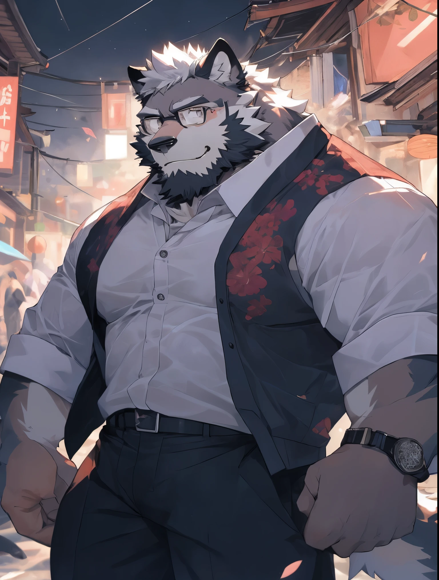 hairy，（Wolf，Black-rimmed glasses，White long-sleeved shirt，rolled up sleeves），beard，white fur，male，Common，full-body shot， dynamic poses，Smile，rainy day，night，dark night，window，fireworks，firecracker，Spring Festival，Detailed background，极其lifelike阴影，masterpiece，Very detailed，lifelike