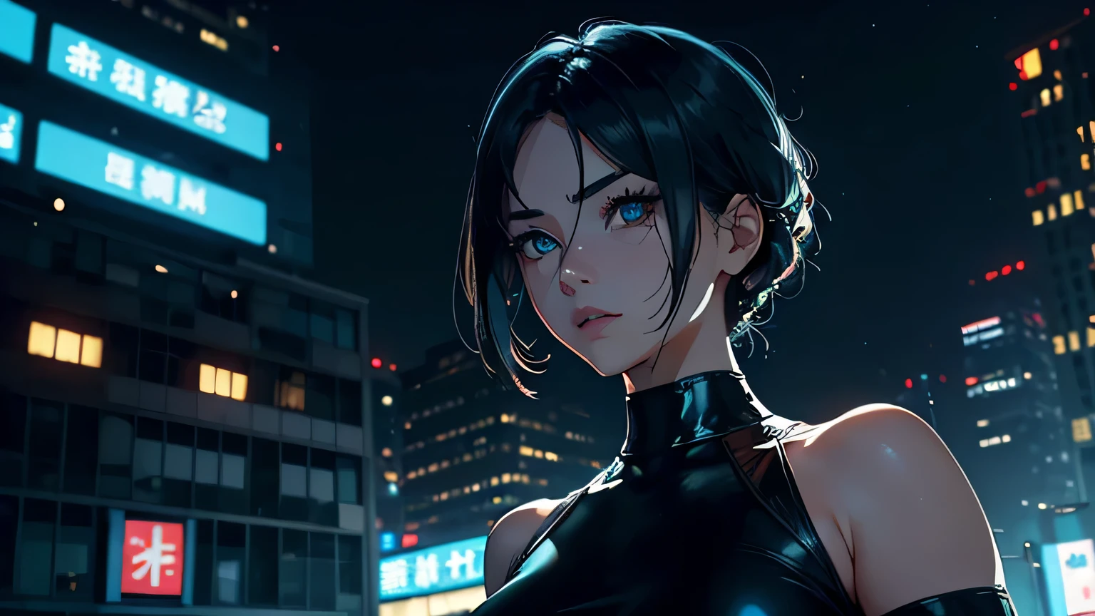 4K, A high resolution, Best quality at best, masterpiece, perfect colors, perfect shadow, perfect litthing, ((sportrait)), 1woman, fit-muscled body, bright yellow eyes，dark blue hair , blue eyes, With round lenses, The audience watched carefully, (s face: 1.2), Perfect female figure, ((dynamic pose)), ((yellow Tight crop top leather suit)), ((shy and looking at viewert)), (Perfect thick white eyebrows) Delicate fur, 详细s face, s the perfect face, At a fantasy cyberpunk city , (model pose standing), cyberpunk rooftop at dusk, with dramatic lighting and shadows casting an eerie glow over the abandoned machinery and decaying architecture, creating a haunting atmosphere, lighting atmosphere, ((Bonifasko lighting)), (The round lenses on his eyes)(詳細な目), Perfect student, ((face close up))