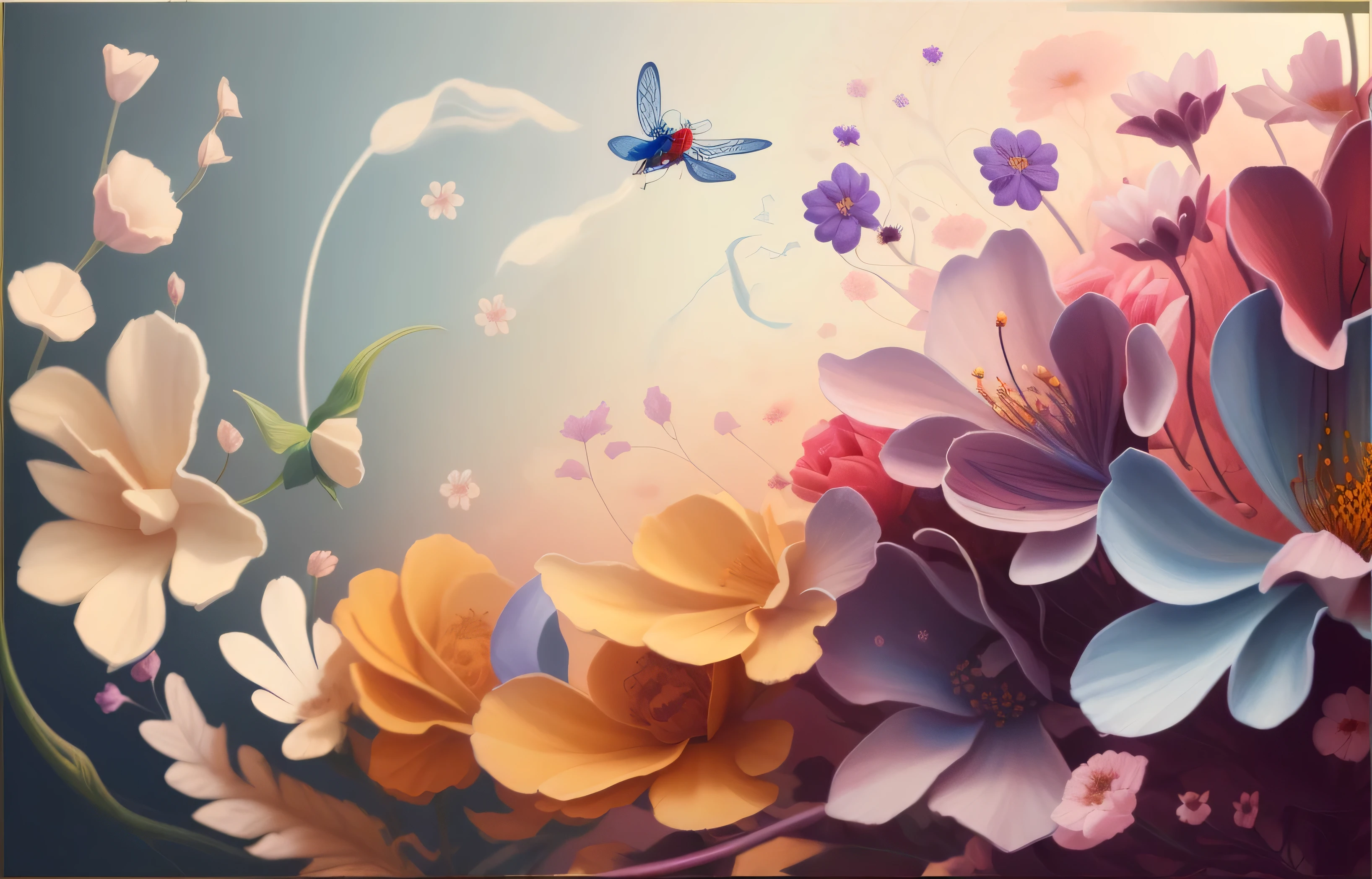 There is a painting of flowers and dragonflies, Beautiful art ultra hd 4k, beautiful digital art, Beautiful composition 3-d 4k, Magical colorful flowers, 4k highly detailed digital art, beautiful digital artwork, Beautiful ornate digital art, very beautiful digital art, wallpaper art, 8k high quality detailed art, swirling flowers, beautiful background