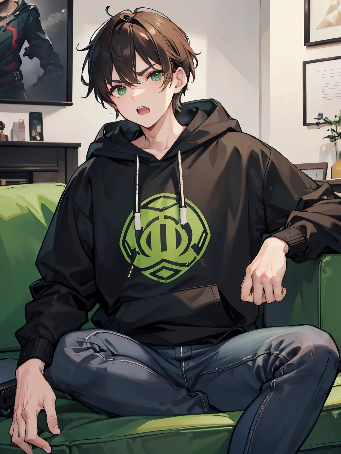 A Man!!! with brown hair, green eyes, taper faid hair, black hoodie, long black jeans, open mouth, badass, cool, gentle, in living room, was sitting in a gaming chair.