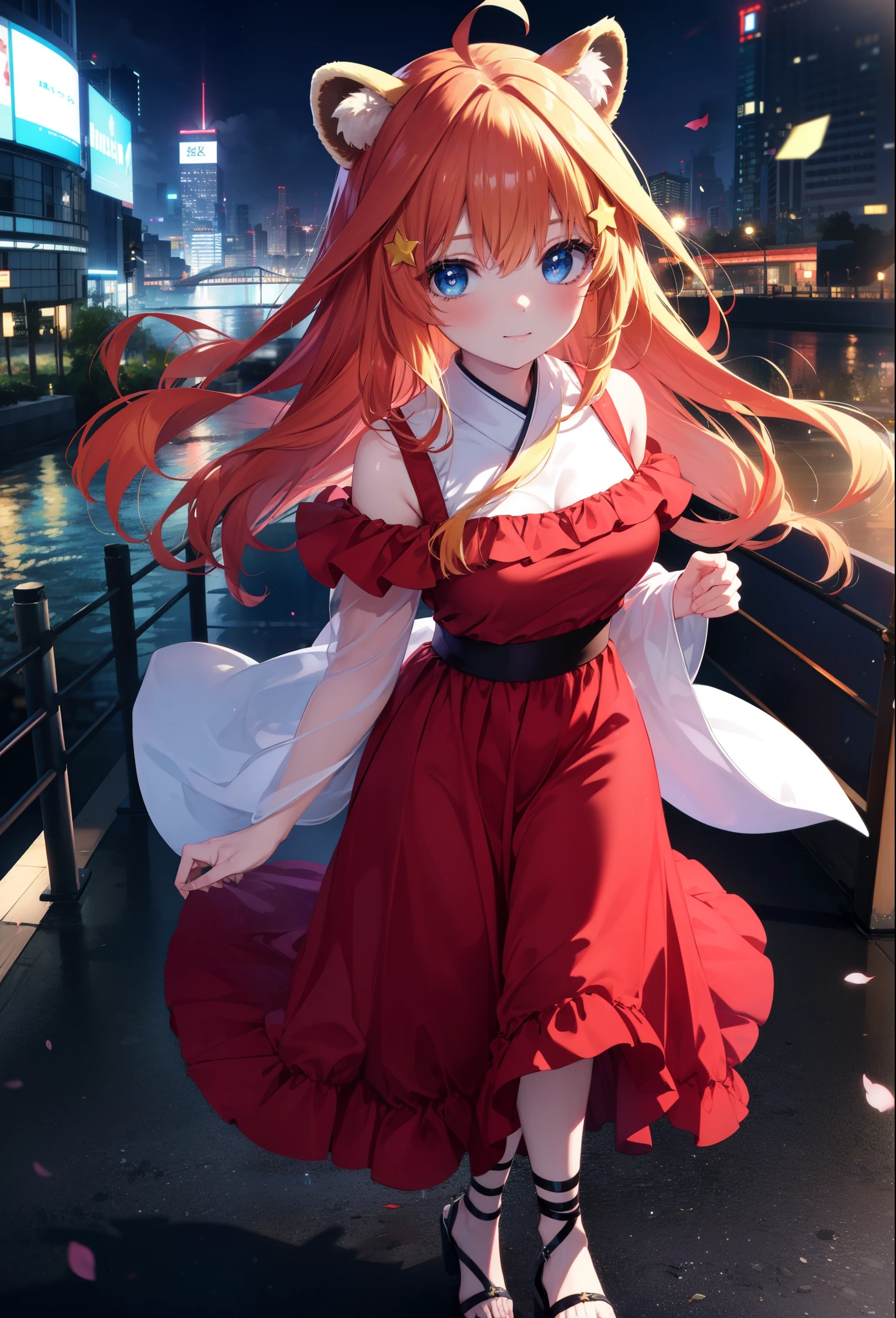 Satsuki Nakano, Itsuki Nakano, bangs, blue eyes, hair between eyes, Ahoge, redhead, star \(symbol\), hair ornaments, smile,blush,star hair ornaments,animal ears, raccoon ears, raccoon tail,red official shoulder dress,long skirt,heel sandals,city,Walking outdoors, city
壊す (masterpiece:1.2), highest quality, High resolution, unity 8k wallpaper, (shape:0.8), (beautiful and detailed eyes:1.6), highly detailed face, perfect lighting, Very detailed CG, (perfect hands, perfect anatomy),