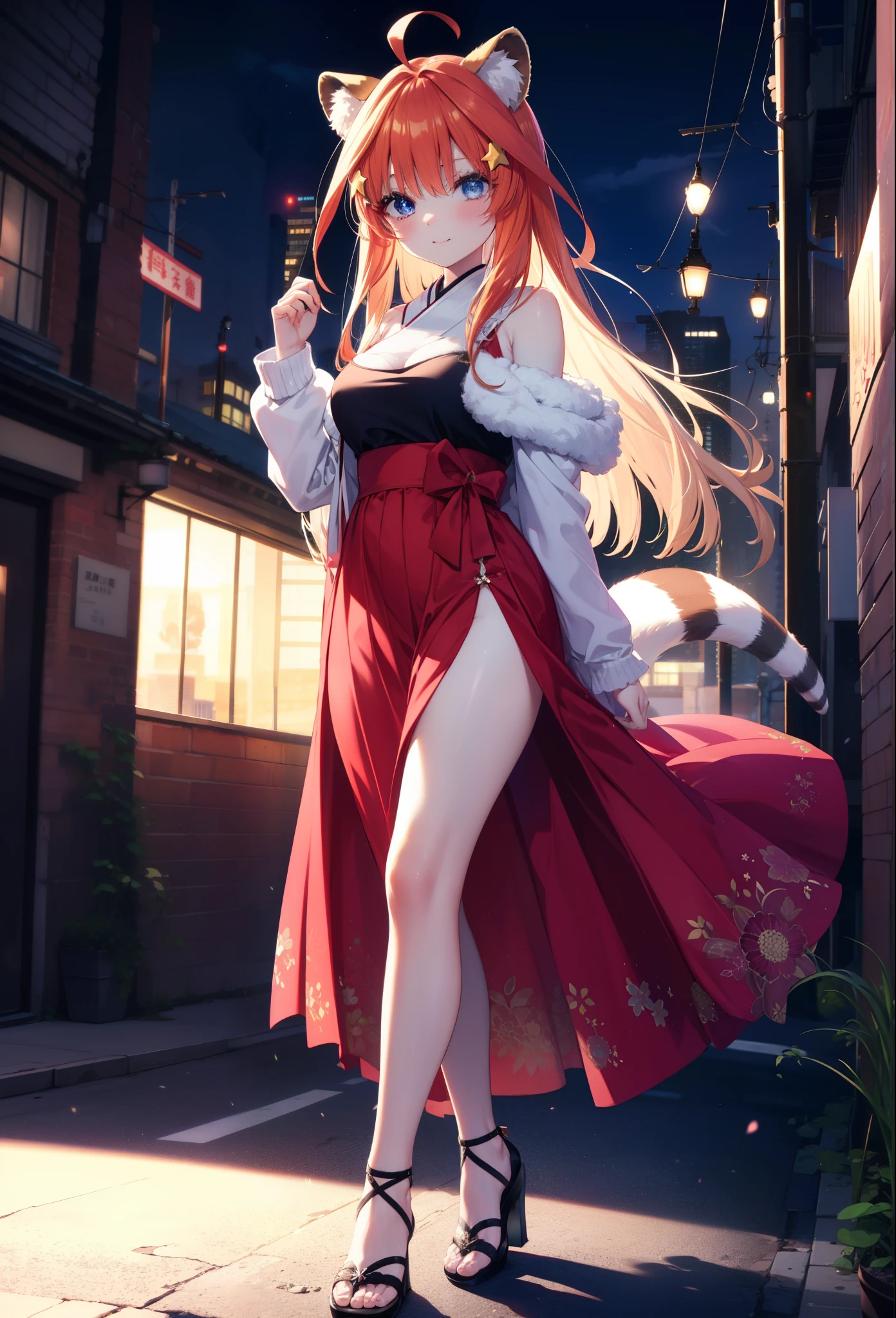 Satsuki Nakano, Itsuki Nakano, bangs, blue eyes, hair between eyes, Ahoge, redhead, star \(symbol\), hair ornaments, smile,blush,star hair ornaments,animal ears, raccoon ears, raccoon tail,red official shoulder dress,long skirt,heel sandals,city,Walking outdoors, city
壊す (masterpiece:1.2), highest quality, High resolution, unity 8k wallpaper, (shape:0.8), (beautiful and detailed eyes:1.6), highly detailed face, perfect lighting, Very detailed CG, (perfect hands, perfect anatomy),