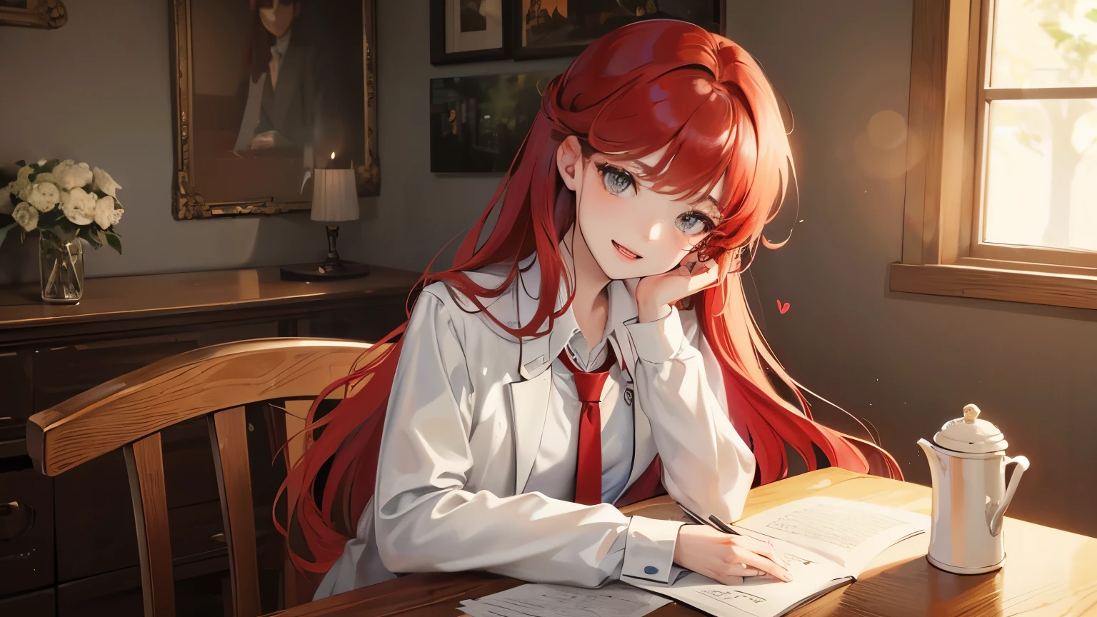 Red long hair, sunshine, masterpiece work, best quality, high resolution;,detail enhancement，best quality，perfect image quality，Beautiful and sexy, One-person viewpoint, small spots under the eyes , pretty, 큰 chest, 8K, ,chest 크게, pure white skin, chest, a lovely smile, Beloved, excitement, beautiful, gray eyes, My heart is pounding,  red hair, glamour, tempting, , table, indoor room, sit on the chair, , shirt, necktie