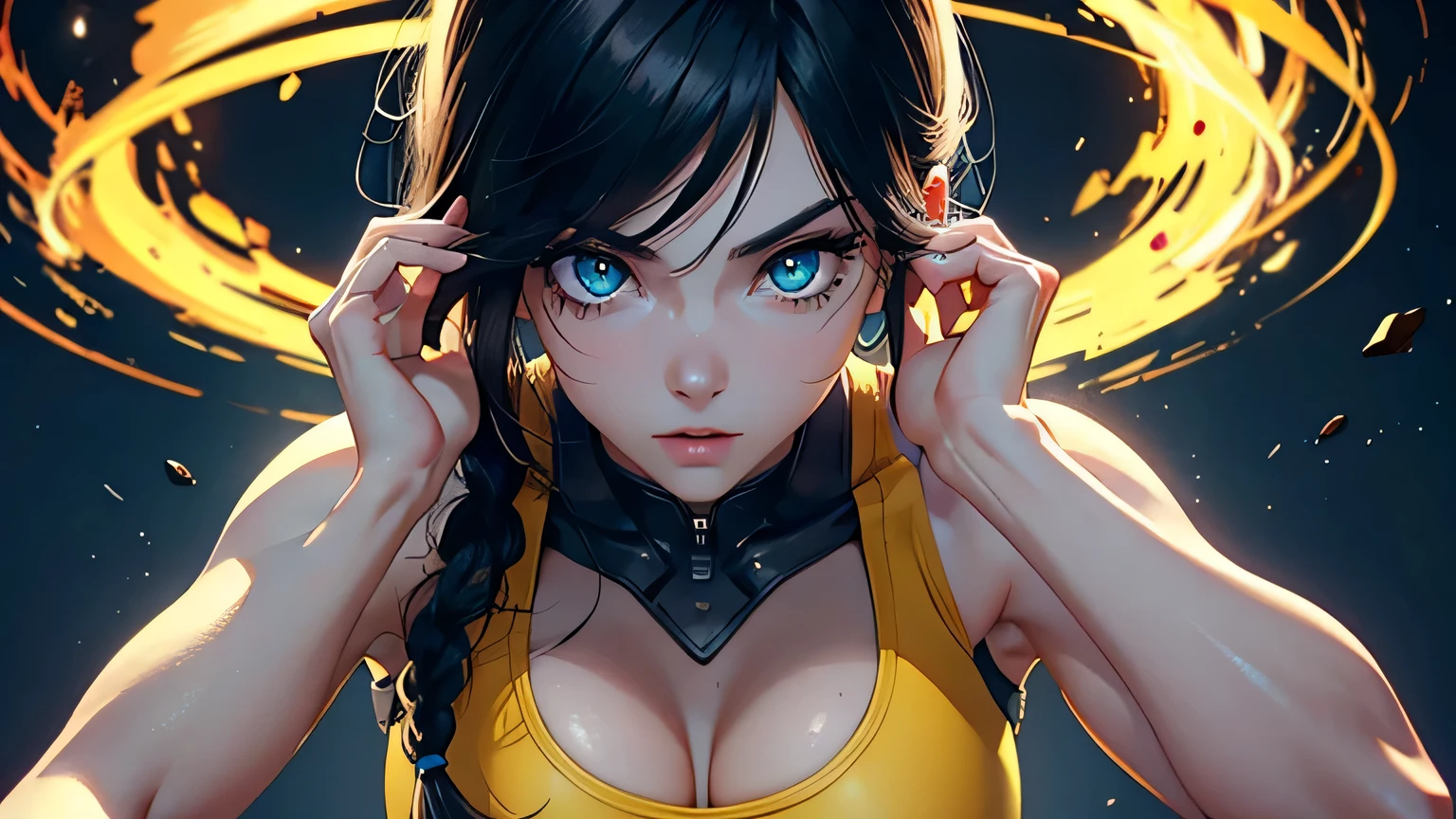 4K, A high resolution, Best quality at best, masterpiece, perfect colors, perfect shadow, perfect litthing, ((sportrait)), 1woman, fit-muscled body, bright yellow eyes,dark blue hair , blue eyes, With round lenses, The audience watched carefully, (s face: 1.2), Perfect female figure, ((dynamic pose)), ((yellow Tight crop top yellow eather suit)), ((shy and looking at viewert)), (Perfect thick white eyebrows) Delicate fur, 详细s face, s the perfect face, At a fantasy cyberpunk city , (dynamic pose), cyberpunk abstract background, ((Bonifasko lighting)), (The round lenses on his eyes)(詳細な目), Perfect student, ((face close up))