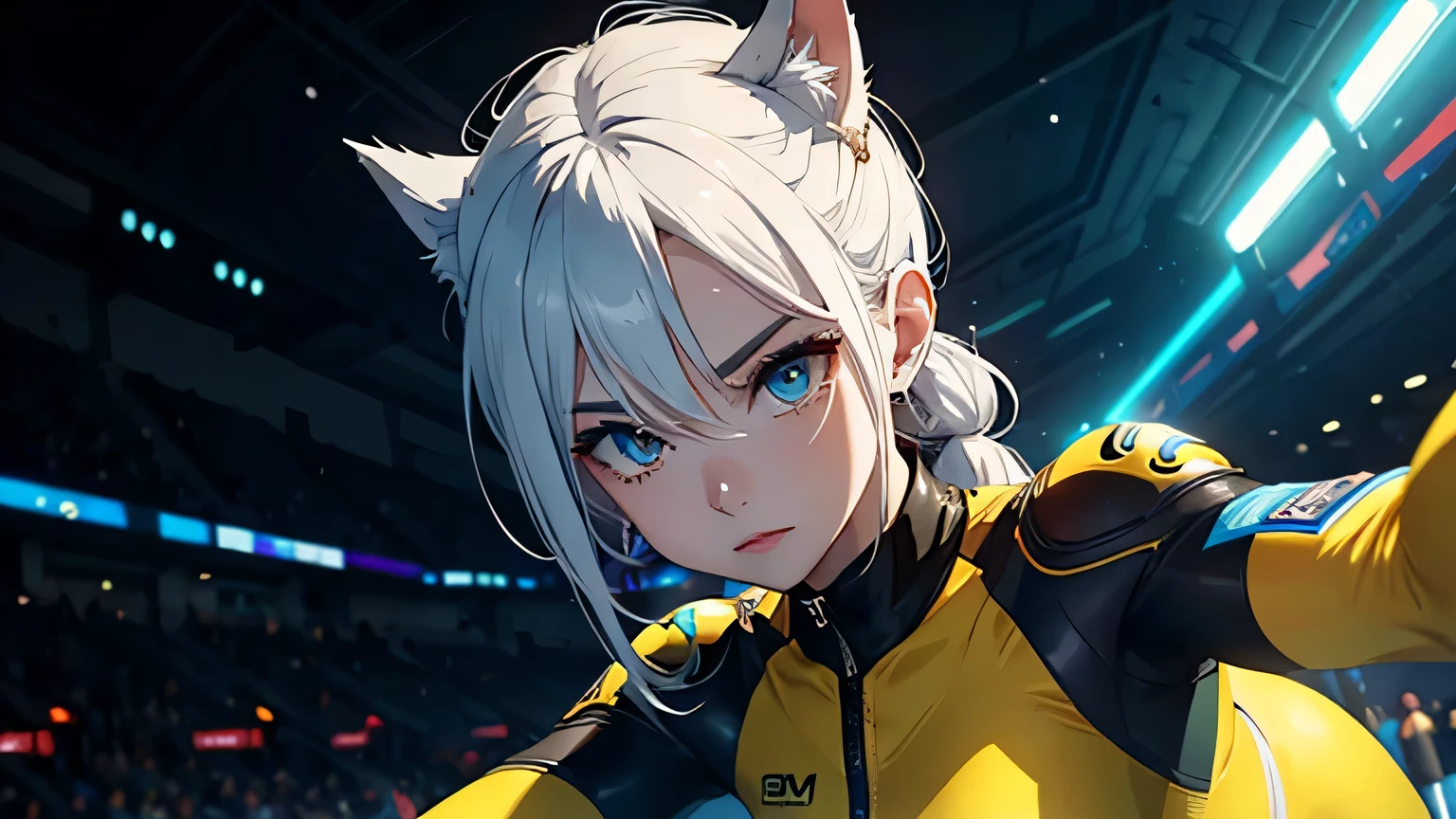4K, A high resolution, Best quality at best, masterpiece, perfect colors, perfect shadow, perfect litthing, ((sportrait)), 1woman, fit-muscled body, bright yellow eyes,dark blue hair , blue eyes, With round lenses, The audience watched carefully, (s face: 1.2), Perfect female figure, ((dynamic pose)), ((yellow Tight crop top yellow eather suit)), ((shy and looking at viewert)), (Perfect thick white eyebrows) Delicate fur, 详细s face, s the perfect face, At a fantasy cyberpunk city , (dynamic pose), cyberpunk abstract background, ((Bonifasko lighting)), (The round lenses on his eyes)(詳細な目), Perfect student, ((face close up))
