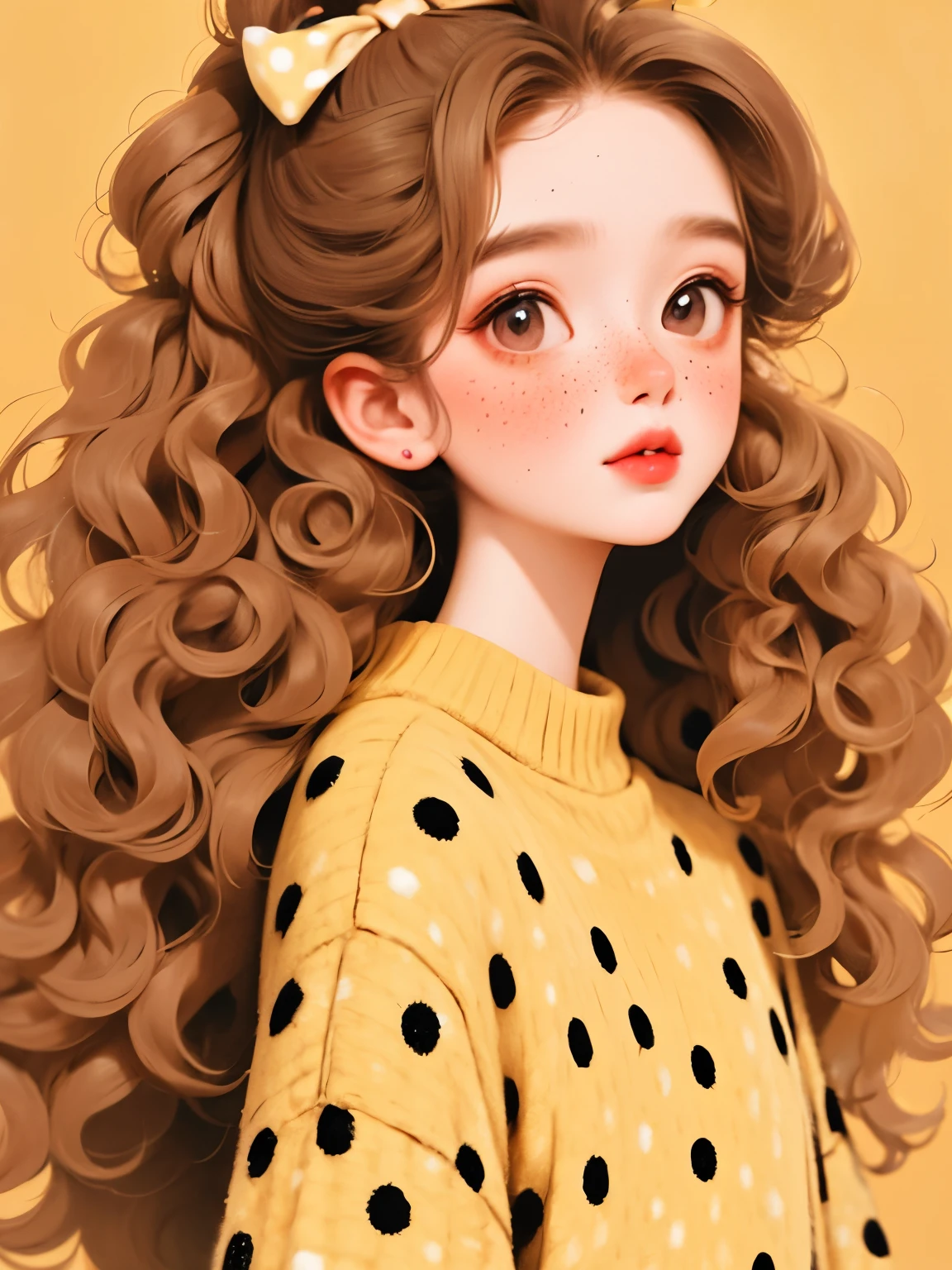(masterpiece, best quality:1.2), a beautiful girl,Skin details,Detailed drawing of eyes,soft hair curly hair,Wear a large bow on your head,polka dot sweater,small freckles,