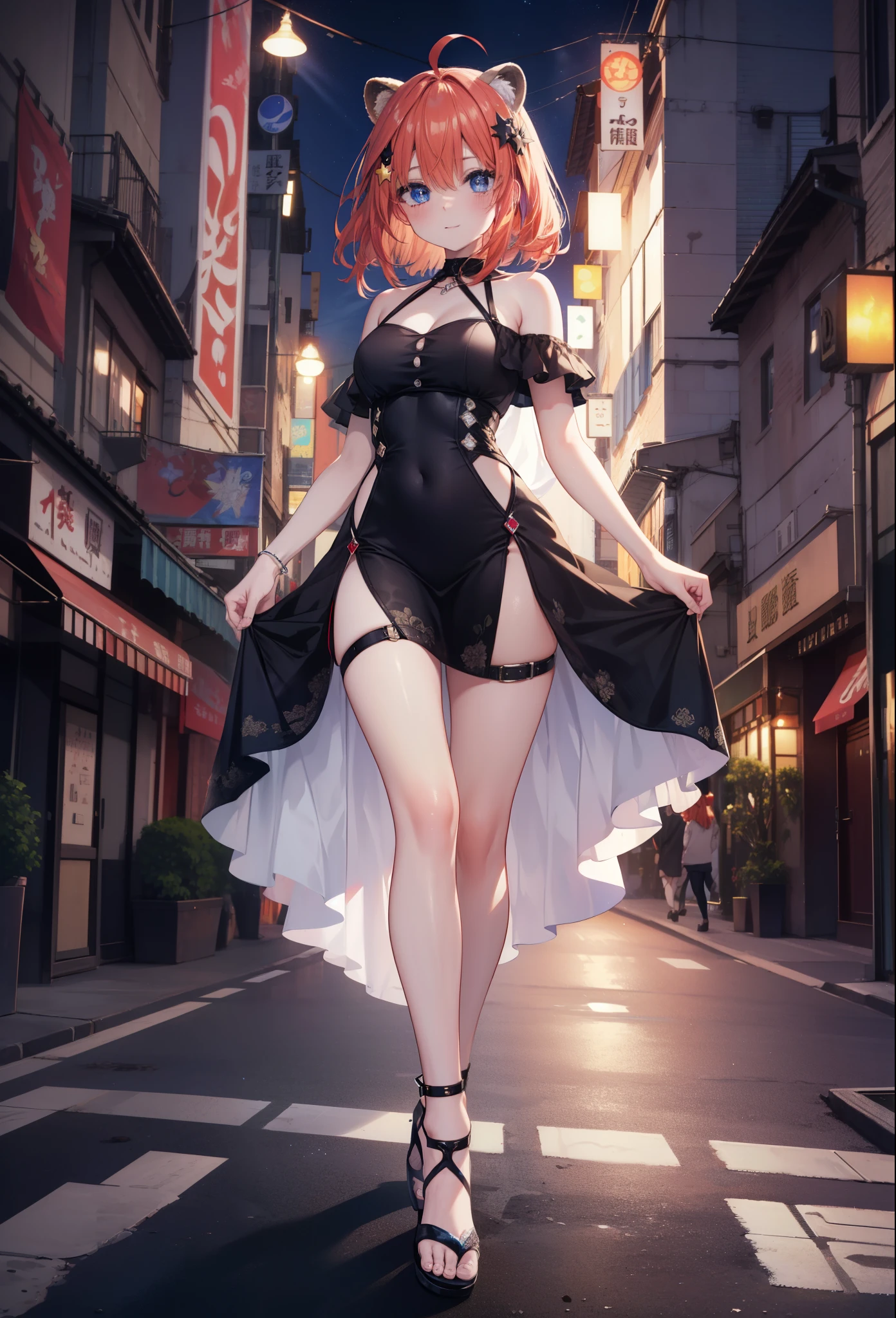 Satsuki Nakano, Itsuki Nakano, bangs, blue eyes, hair between eyes, Ahoge, redhead, star \(symbol\), hair ornaments, smile,blush,star hair ornaments,animal ears, raccoon ears, raccoon tail,bare shoulders,red official shoulder dress,long skirt,heel sandals,city,Walking outdoors, city
壊す (masterpiece:1.2), highest quality, High resolution, unity 8k wallpaper, (shape:0.8), (beautiful and detailed eyes:1.6), highly detailed face, perfect lighting, Very detailed CG, (perfect hands, perfect anatomy),