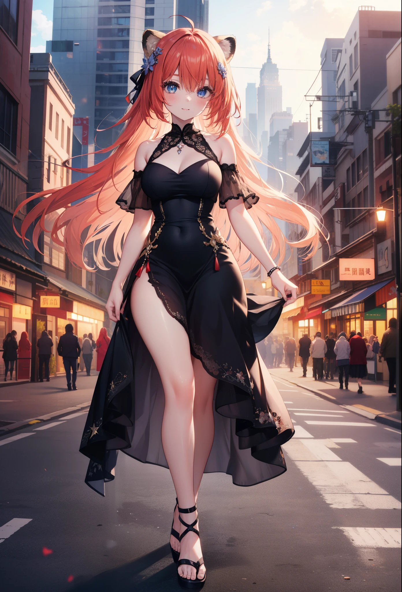 Satsuki Nakano, Itsuki Nakano, bangs, blue eyes, hair between eyes, Ahoge, redhead, star \(symbol\), hair ornaments, smile,blush,star hair ornaments,animal ears, raccoon ears, raccoon tail,bare shoulders,red official shoulder dress,long skirt,heel sandals,city,Walking outdoors, city
壊す (masterpiece:1.2), highest quality, High resolution, unity 8k wallpaper, (shape:0.8), (beautiful and detailed eyes:1.6), highly detailed face, perfect lighting, Very detailed CG, (perfect hands, perfect anatomy),