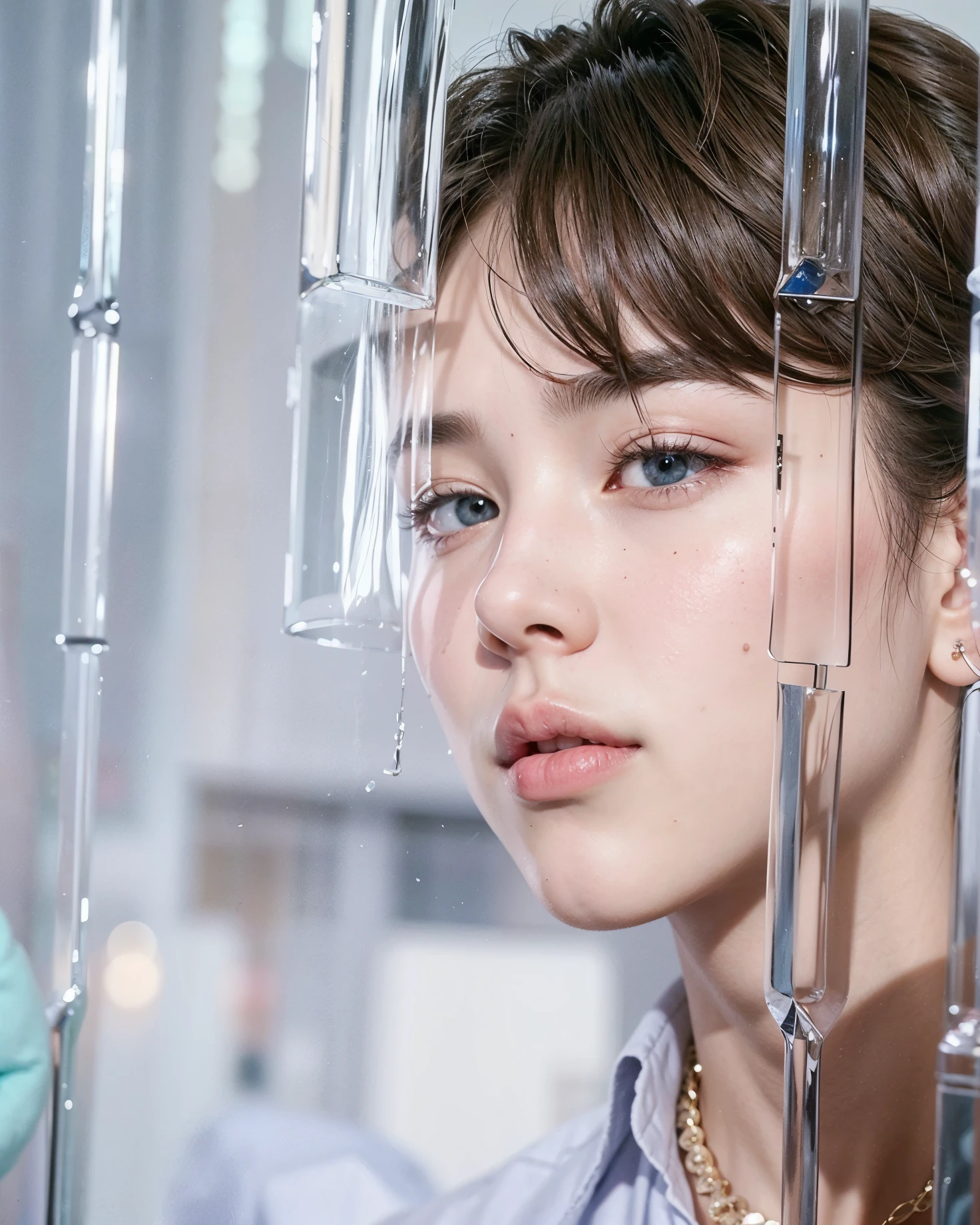 there is a man with a necklace and earrings behind a glass curtain, Jimin\the right eyelid is swollen, Jimin\o nariz grego, Jimin\the full lips, park Jimin, accurate Jimin face, Jimin, BTS, Jimin do BTS, Jimin Park, adorable and pale korean face, handsome androgynous prince, jimin, garoto jovem, 25 anos de idade 