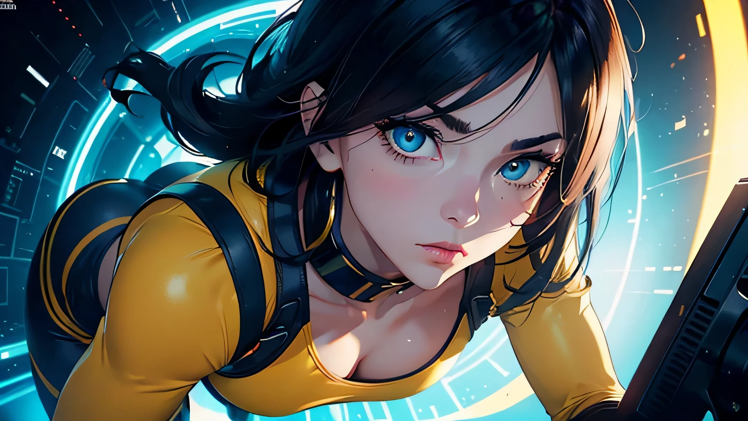 4K, A high resolution, Best quality at best, masterpiece, perfect colors, perfect shadow, perfect litthing, ((sportrait)), 1woman, fit-muscled body, bright yellow eyes，dark blue hair , blue eyes, With round lenses, The audience watched carefully, (s face: 1.2), Perfect female figure, ((dynamic pose)), ((yellow Tight crop top yellow eather suit)), ((shy and looking at viewert)), (Perfect thick white eyebrows) Delicate fur, 详细s face, s the perfect face,  , (dynamic pose), cyberpunk abstract background, ((Bonifasko lighting)), (The round lenses on his eyes)(詳細な目), Perfect student, ((face close up))