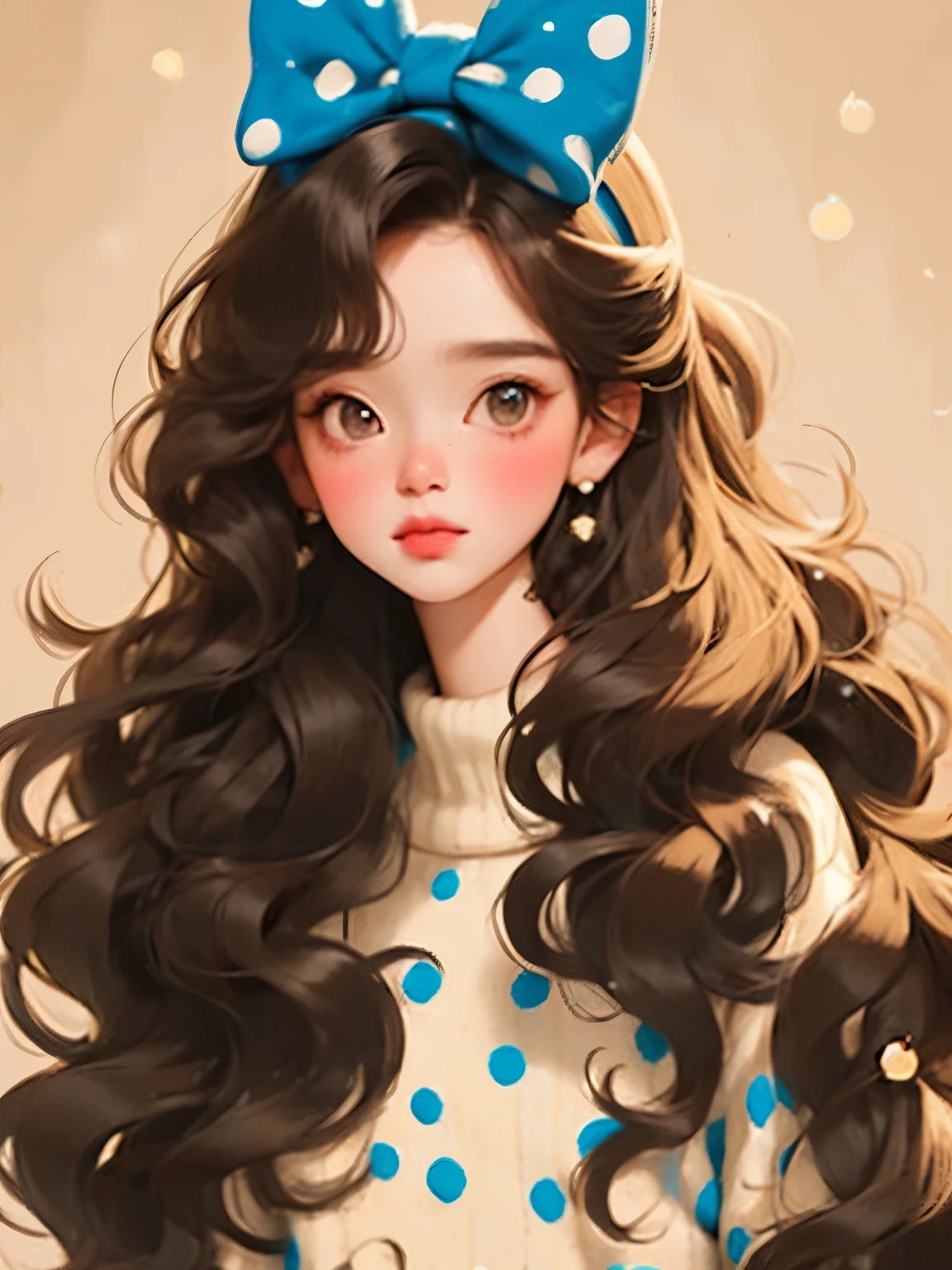 (masterpiece, best quality:1.2),a beautiful girl，Skin detail processing，The eyes are finely described，Delicate hair，wavy long hair，Long light hair，Wear a large bow on your head，Black Sweater，white dots，Retro contrasting colors，clean background