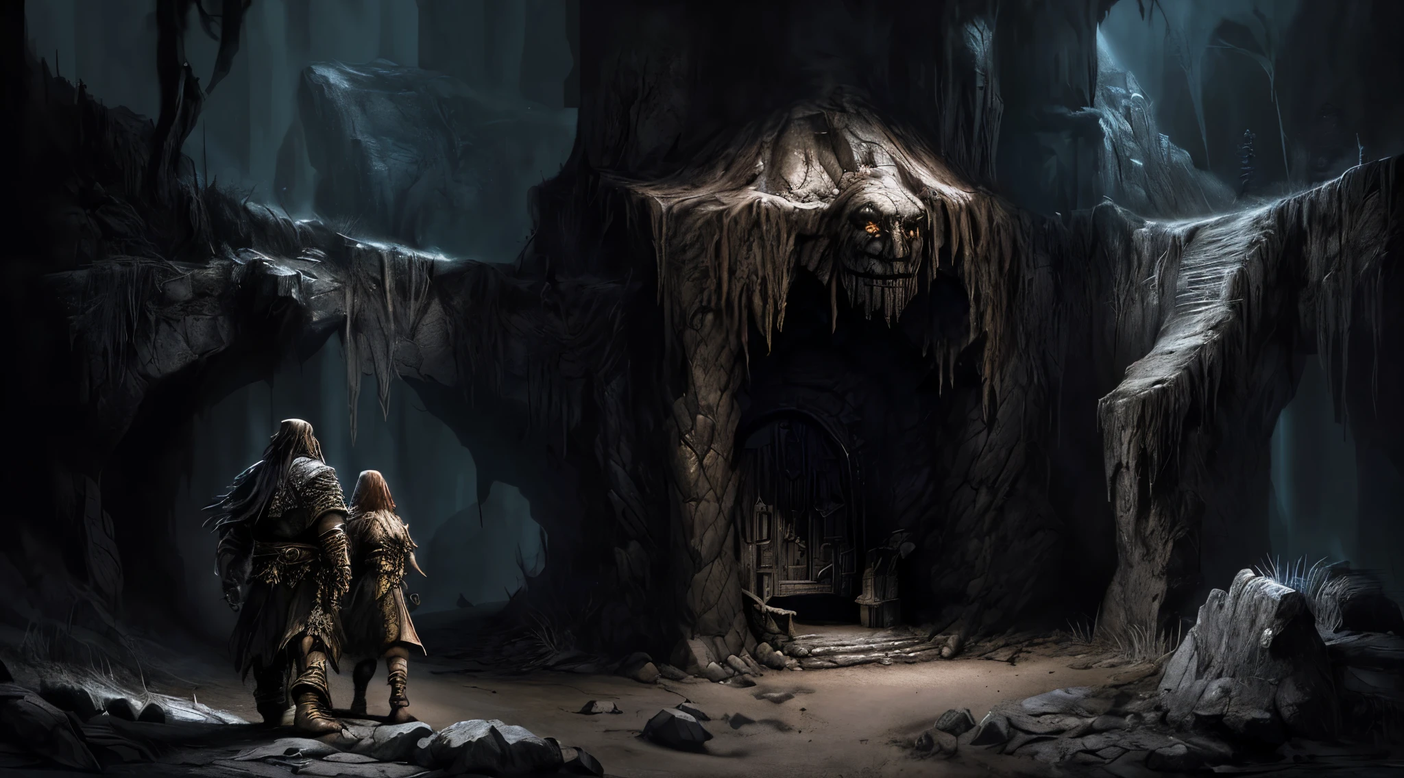 ((Best quality)), ((masterpiece)), (detailed:1.3), 3D ,HDR (High Dynamic Range) a couple of dwarves walking through a cave, dark cinematic concept art, eerie nostalgic concept art, detialed 4k concept art, elden ring concept art, dark concept art, dark fantasy concept art, epic cinematic concept art, stone walls, intricate mine, dark fantasy environment, underground mine, underground dungeon, deep environment, ancient brass dwemer ruins, dwarven architecture in the background, the mines of moria in the background, smooth zenithal lighting