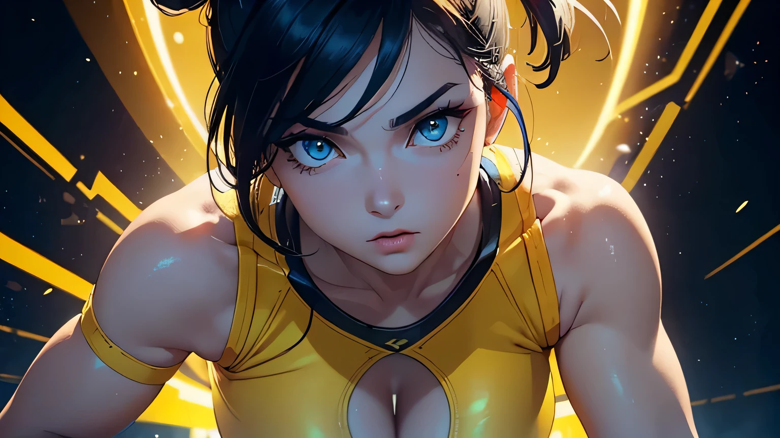 4K, A high resolution, Best quality at best, masterpiece, perfect colors, perfect shadow, perfect litthing, ((sportrait)), 1woman, fit-muscled body, bright yellow eyes,dark blue hair , blue eyes, With round lenses, The audience watched carefully, (s face: 1.2), Perfect female figure, ((dynamic pose)), ((yellow Tight crop top yellow eather suit)), ((shy and looking at viewert)), (Perfect thick white eyebrows) Delicate fur, 详细s face, s the perfect face, , (dynamic pose), cyberpunk abstract background, ((Bonifasko lighting)), (The round lenses on his eyes)(詳細な目), Perfect student, ((face close up))