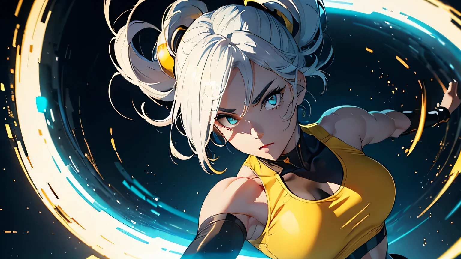 4K, A high resolution, Best quality at best, masterpiece, perfect colors, perfect shadow, perfect litthing, ((sportrait)), 1woman, fit-muscled body, bright yellow eyes，dark blue hair , blue eyes, With round lenses, The audience watched carefully, (s face: 1.2), Perfect female figure, ((dynamic pose)), ((yellow Tight crop top yellow eather suit)), ((shy and looking at viewert)), (Perfect thick white eyebrows) Delicate fur, 详细s face, s the perfect face,  , (dynamic pose), cyberpunk abstract background, ((Bonifasko lighting)), (The round lenses on his eyes)(詳細な目), Perfect student, ((face close up))