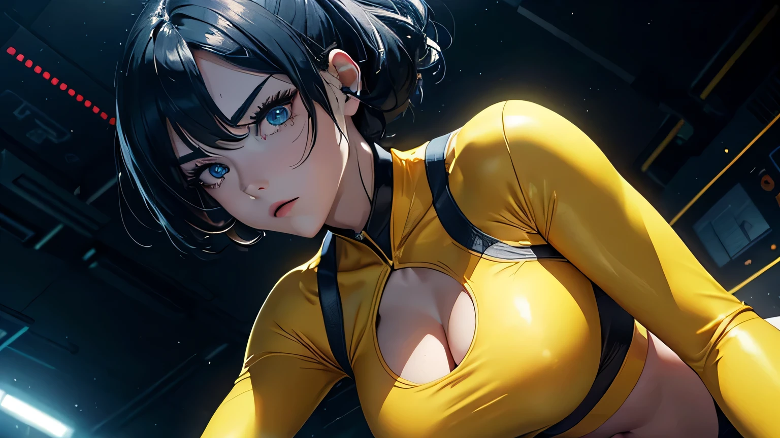 4K, A high resolution, Best quality at best, masterpiece, perfect colors, perfect shadow, perfect litthing, ((sportrait)), 1woman, fit body, bright yellow eyes,dark blue hair , blue eyes, With round lenses, The audience watched carefully, (s face: 1.2), Perfect female figure, ((dynamic pose)), ((yellow Tight crop top yellow eather suit)), ((shy and looking at viewert)), (Perfect thick white eyebrows) Delicate fur, 详细s face, s the perfect face, , (dynamic pose), cyberpunk abstract background, ((Bonifasko lighting)), (The round lenses on his eyes)(詳細な目), Perfect student, ((face close up))