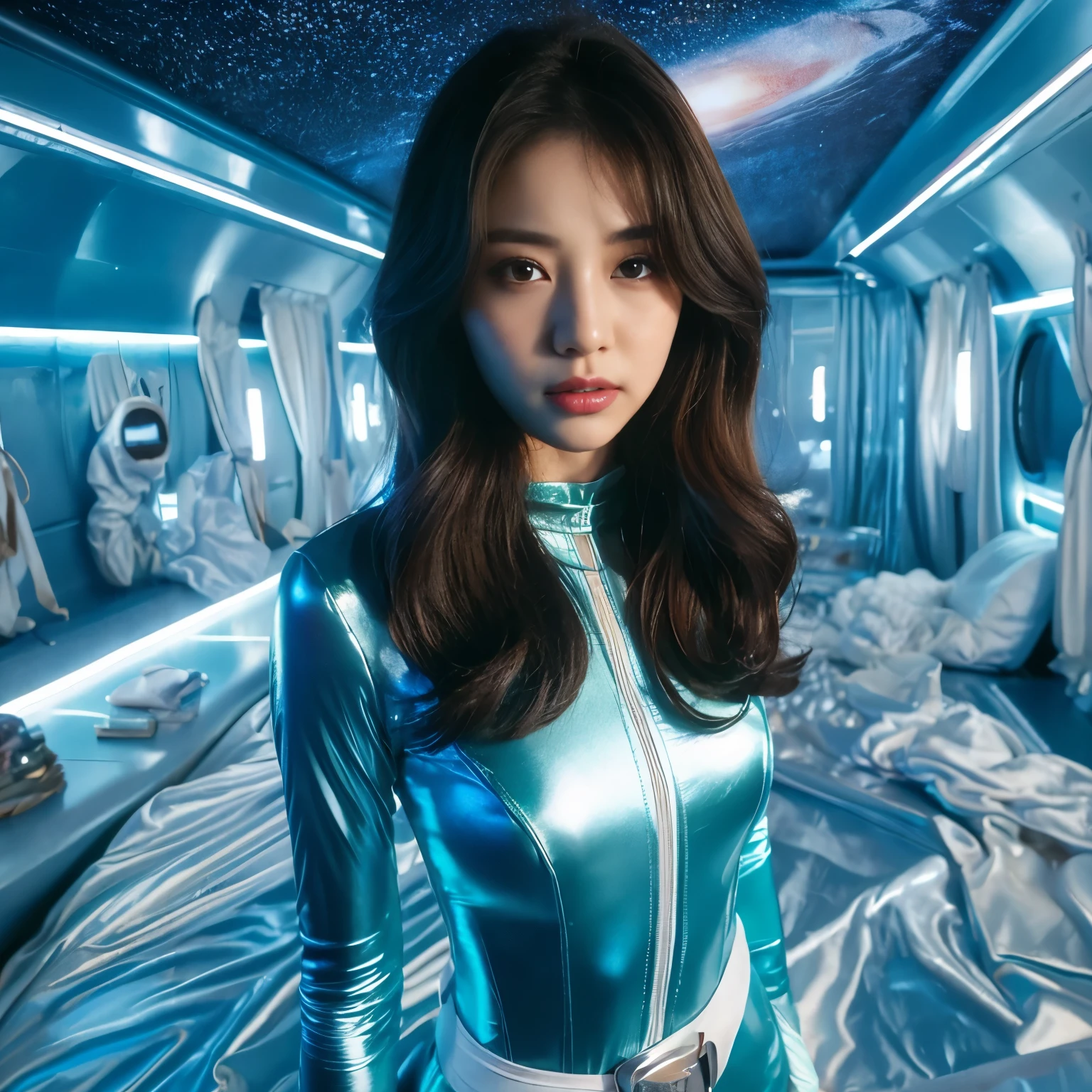 best image quality、Super high resolution、(realism:1.4)、Korean beauty star、The most beautiful KPOP star、face、Horny Korean makeup、erotic expression、A body that makes you want to touch it、Erotic photos、Realistic satin fabric texture、Costume made of stretch satin fabric that is smooth to the touch、The drape of the curved part of the satin fabric、Strong luster of costume、costume quality、8K photo quality、Costume made of high-quality satin fabric with high density、Super-class battle leather cloak with a smooth texture、Super Sentai Women&#39;s Heroine Suit、Super-class battleship shiny costumes、Texture of costumes that satin fetishists respond to、Thin, glossy stretch satin fabric、