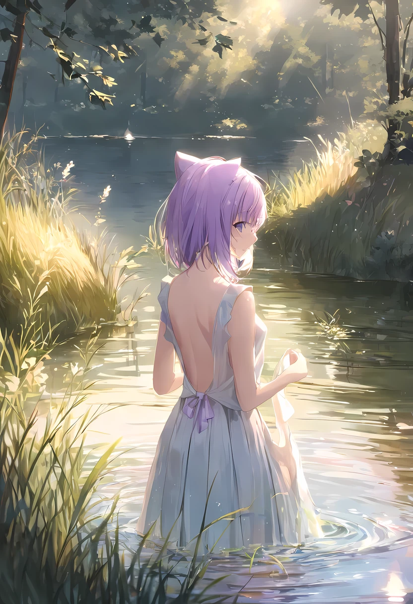 ,Cat and sweet soup/(Holographic live broadcast/),Bareback,female student,beautiful and delicate water, best quality grass, The light is very delicate, nature,