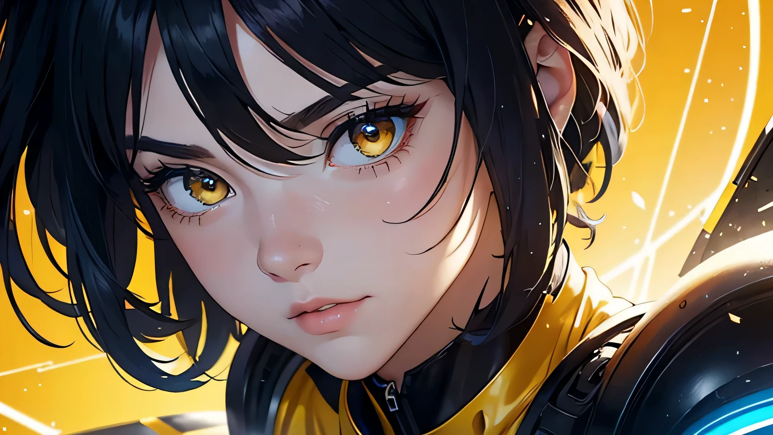 4K, A high resolution, Best quality at best, masterpiece, perfect colors, perfect shadow, perfect litthing, ((sportrait)), 1woman, fit body, bright yellow eyes，dark blue hair , blue eyes, With round lenses, The audience watched carefully, (s face: 1.2), Perfect female figure, ((dynamic pose)), ((yellow Tight crop top yellow eather suit)), ((shy and looking at viewert)), (Perfect thick white eyebrows) Delicate fur, 详细s face, s the perfect face,  , (dynamic pose), cyberpunk abstract background, ((Bonifasko lighting)), (The round lenses on his eyes)(詳細な目), Perfect student, ((face close up))