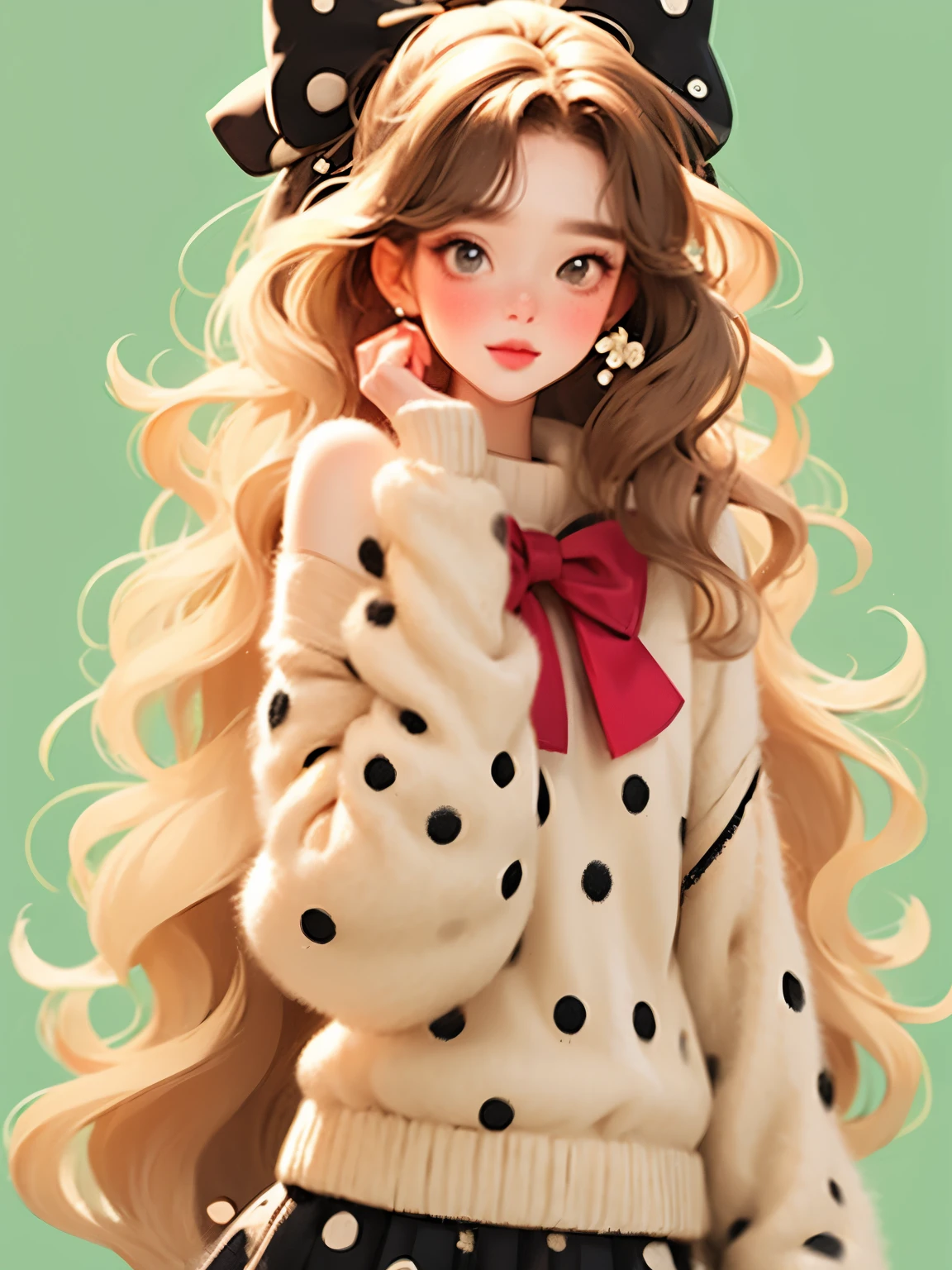 (masterpiece, best quality:1.2),a beautiful girl，Skin detail processing，The eyes are finely described，Delicate hair，wavy long hair，Long light hair，Wear a large bow on your head，Black Sweater，white dots，skirt，Retro contrasting colors，clean background