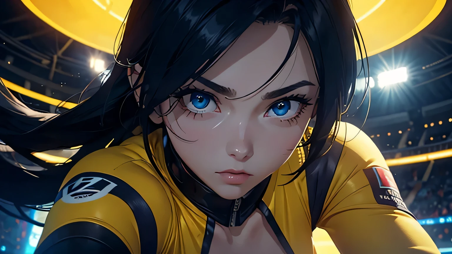 4K, A high resolution, Best quality at best, masterpiece, perfect colors, perfect shadow, perfect litthing, ((sportrait)), 1woman, fit body, bright yellow eyes,dark blue hair , blue eyes, With round lenses, The audience watched carefully, (s face: 1.2), Perfect female figure, ((dynamic pose)), ((yellow Tight crop top yellow eather suit)), ((shy and looking at viewert)), (Perfect thick white eyebrows) Delicate fur, 详细s face, s the perfect face, , (dynamic pose), cyberpunk abstract background, ((Bonifasko lighting)), (The round lenses on his eyes)(詳細な目), Perfect student, ((face close up))