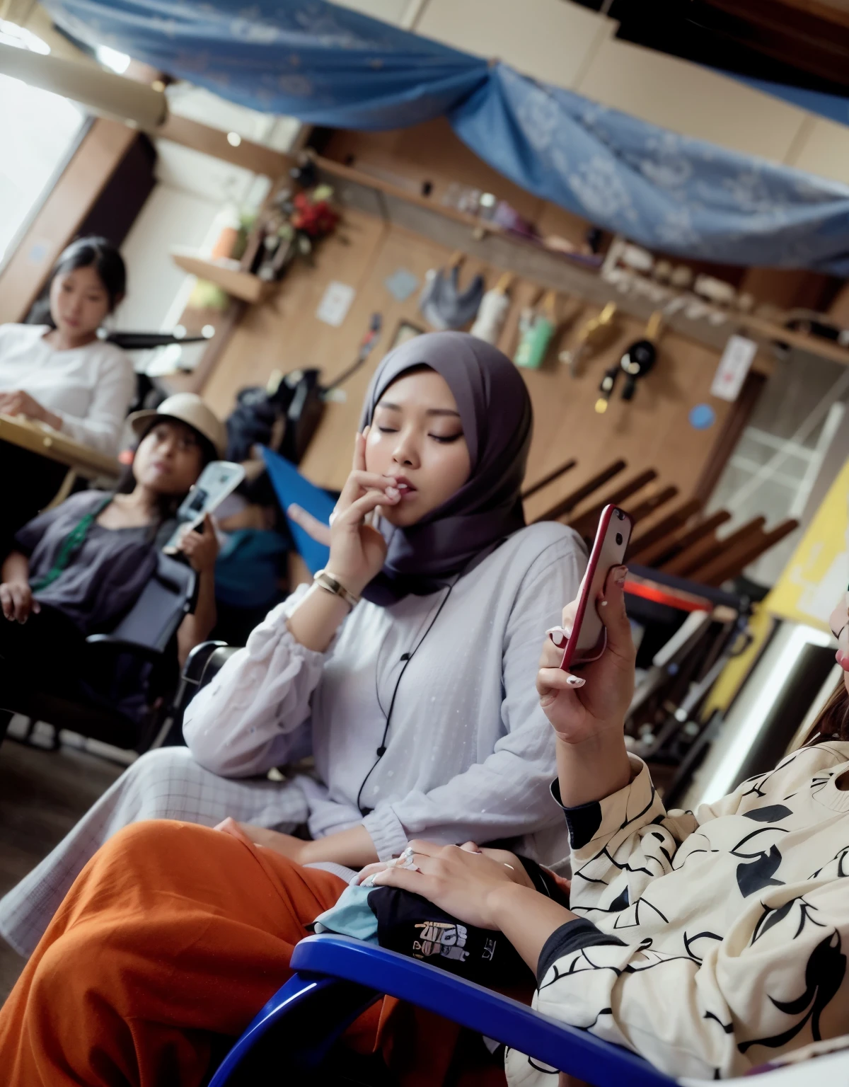 woman sitting on a chair talking on a cell phone while another woman sits in a chair, potrait, protrait, portrait shot, intense moment, candid portrait, photo portrait, candid shot, full protrait, shot on sony a 7, beautiful lady, semi realism, :: morning, high quality upload, illustration », style of ade santora