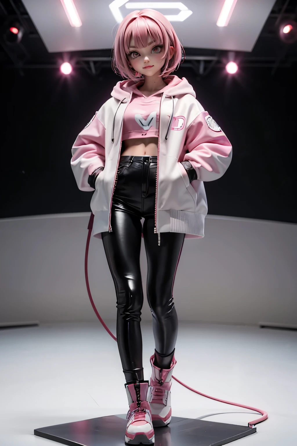 (1beautiful girl), 18 year old, pink bob cut hair, smile, white and vivid pink vinyl jacket, large size jacket, hoodie,  (ninja artist)、beautiful hands, futuristic cyberpunk clothes、black vinyl pants、vivid pink vinyl boots、standing, just the Front view、full body, concept art, ((Simple white background))