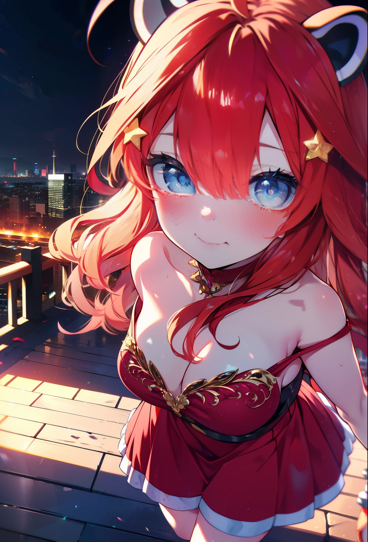 Satsuki Nakano, Itsuki Nakano, bangs, blue eyes, hair between eyes, Ahoge, redhead, star \(symbol\), hair ornaments, smile,blush,star hair ornaments,animal ears, raccoon ears, raccoon tail,bare shoulders,red official shoulder dress,long skirt,heel sandals,city,Walking outdoors, city
壊す (masterpiece:1.2), highest quality, High resolution, unity 8k wallpaper, (shape:0.8), (beautiful and detailed eyes:1.6), highly detailed face, perfect lighting, Very detailed CG, (perfect hands, perfect anatomy),