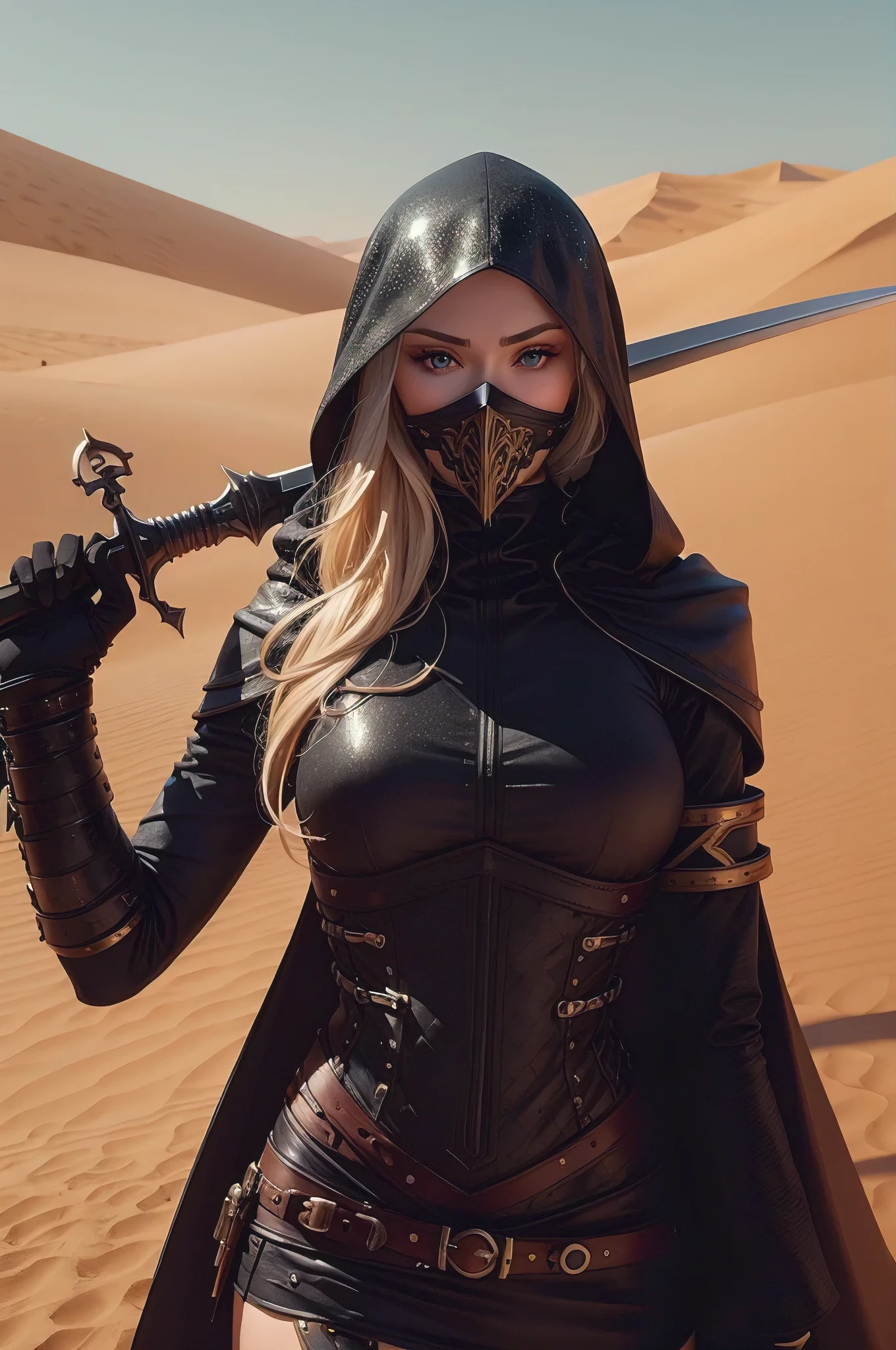 gorgeous stunning immaculate female with blue eyes golden hair in fishtail style, assassins mask and cloak, black gloves, black leather pants, only eyes visible, has sword on back and dagger in hand, background is scorching hot red sand desert, dunes, Full scale, full body, wide angle, romantic, dreamy, ethereal, Cinematic, Photoshoot, Shot on 35mm lens, Depth of Field, DOF, Tilt blur, Shutter speed 1/1000, F/22, White balance, 32k, Super-resulution, Megapixel, Pro Photo RGB, VR, Lonely, Good, Massive, Half rear Lighting, Backlight, Dramatic Lighting, Incandescent, Optical Fiber, Moody Lighting, Cinematic Lighting, Studio Lighting, Soft Lighting, Volumetric, Conte-Jour, Beatiful Lighting, Accent Lighting, Global Illuminating, Screen space Global illuminating, Ray Tracing Global Illuminating, Optics, Scattering, Glowing, Shadows, Rough, Shimmering, Ray tracing reflections, Lumen Reflections, Screen space reflections, Diffraction grading, Chromatic Aberration, GB Displacement, Scan lines, Ray traced, ray traceing Ambient occlusion, Anti aliasing, FKAA, TXAA, RTX, SSAO, Shaders, Open-GL Shaders, GLSL-Shaders, Post Processing, Post Production, Cell Shading, Tone Mapping, CGI, VFX, SFX, insanely detailed and intricate, hyper maximalist, elegant, super detailed, dynamic pose, photography, volumetric, ultra-detailed, intricate detailes, 8K, super detailed, ambient