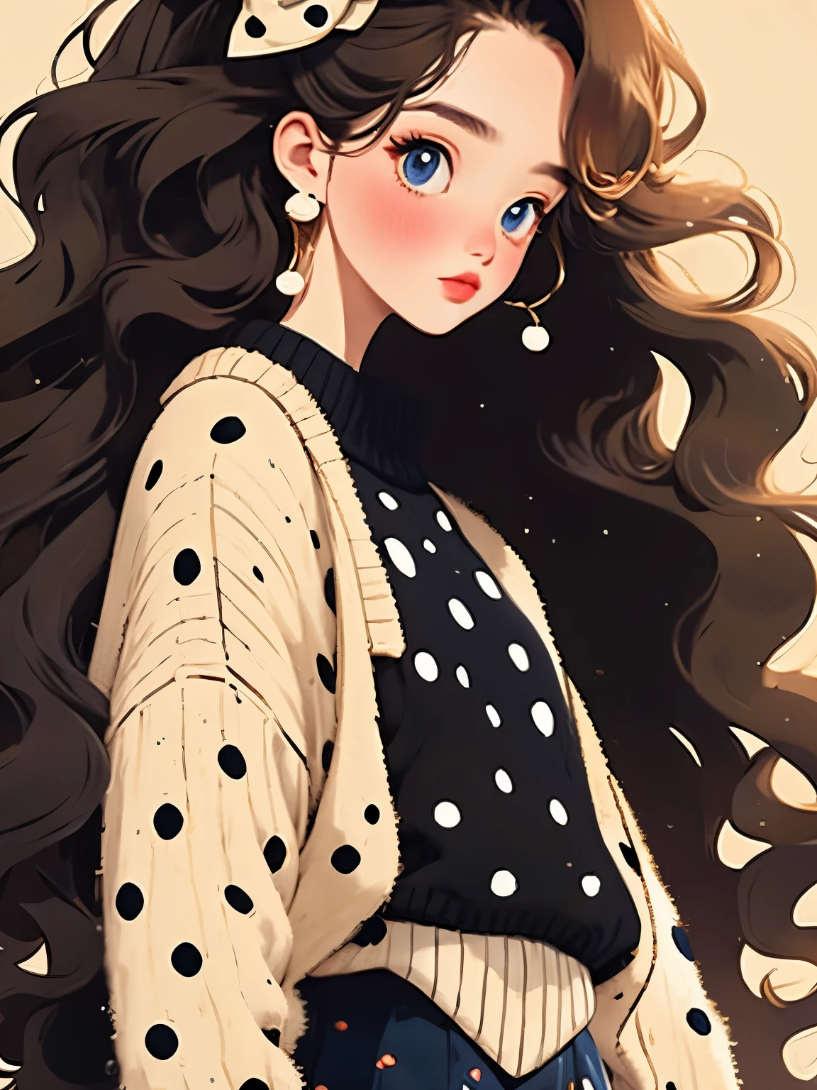 (masterpiece, best quality:1.2),a beautiful girl，Skin detail processing，The eyes are finely described，Delicate hair，wavy long hair，Long light hair，Wear a large bow on your head，Black Sweater，white dots，skirt，Retro contrasting colors，clean background