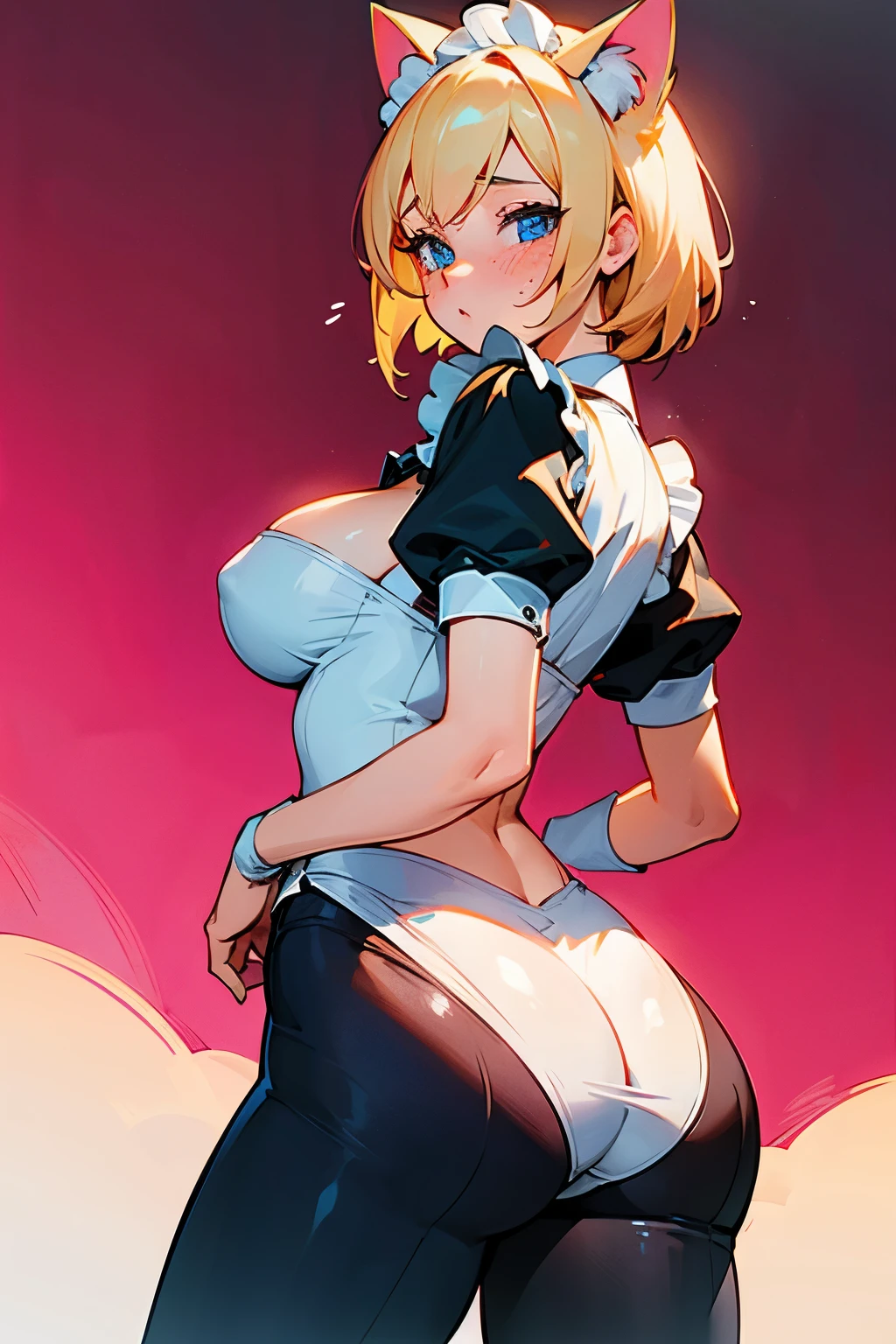 redraw, 1girl, short blonde hair, blue eyes, big breasts, maid outfit, blushing, shocked, freckles, cat ears, cleavage, pink underwear, ass, from behind, ultra-detailed, masterpiece,