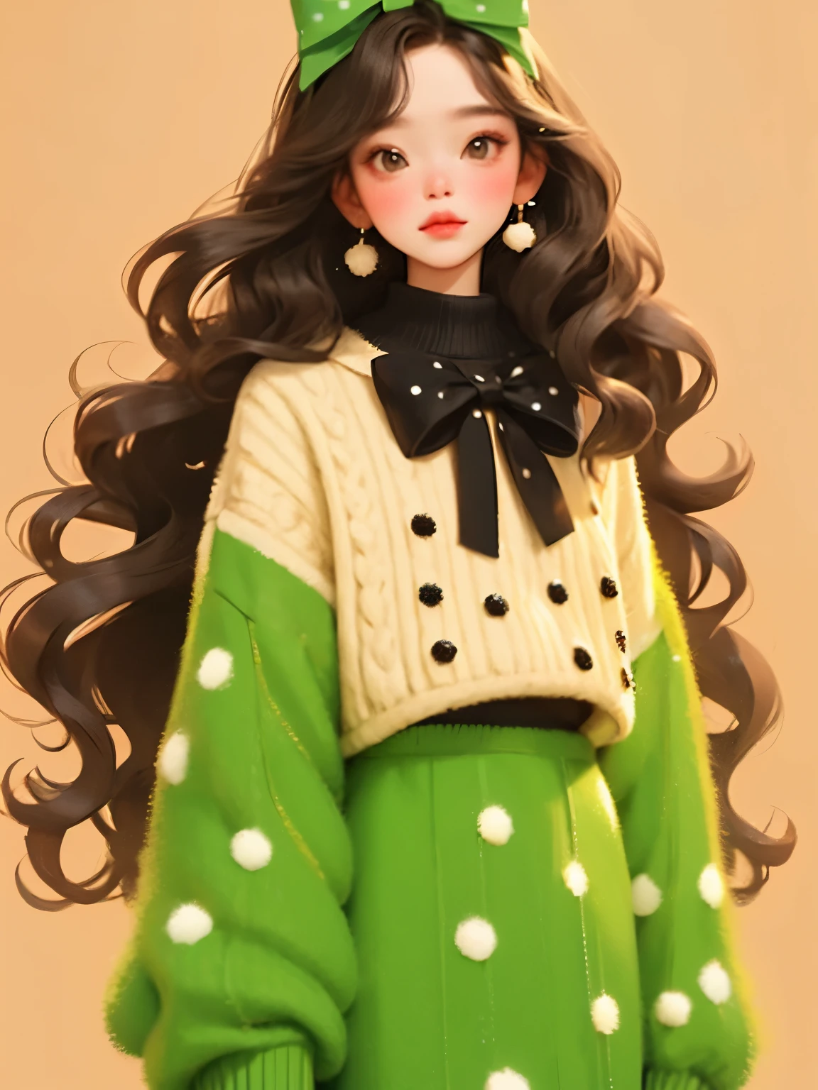 (masterpiece, best quality:1.2),a beautiful girl，Skin detail processing，The eyes are finely described，Delicate hair，wavy long hair，Long light hair，Wear a large bow on your head，Black Sweater，white dots，skirt，Retro contrasting colors，clean background