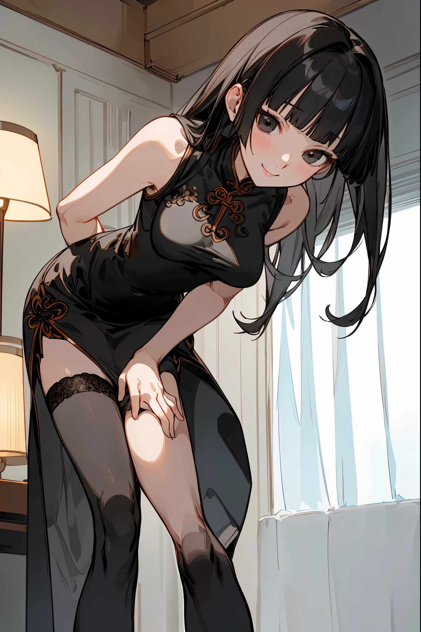 masterpiece, best quality,extremely beautiful detailed anime face and eyes,extremely detailed illustrations,Perfect Anatomy, 1woman,solo,20 year old beauty,black hair,long hair,blunt bangs,black eyes,ideal ratio body proportions,medium breasts,smile,short black cheongsam dress、sleeveless、deep slit,thigh_gap, black_thighhighs,standing,simple bedroom、indoor lighting、simple hotel、