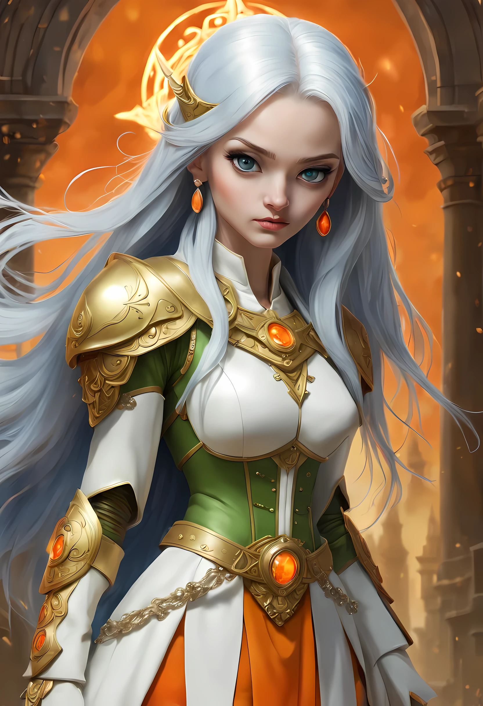 fantasy art, dnd art, RPG art, wide shot, (masterpiece: 1.4) a (portrait: 1.3) intense details, highly detailed, photorealistic, best quality, highres, portrait a female (fantasy art, Masterpiece, best quality: 1.3) ((blue skin: 1.5)), intense details facial details, exquisite beauty, (fantasy art, Masterpiece, best quality) cleric, (blue: 1.3) skinned female, (white hair: 1.3), long hair, intense (green: 1.3) eye, fantasy art, Masterpiece, best quality) armed a fiery sword red fire, wearing heavy (white: 1.3) half plate mail armor, wearing high heeled laced boots, wearing an(orange :1.3) cloak, wearing glowing holy symbol GlowingRunes_yellow, within fantasy temple background, reflection light, high details, best quality, 16k, [ultra detailed], masterpiece, best quality, (extremely detailed), close up, ultra wide shot, photorealistic, RAW, fantasy art, dnd art, fantasy art, realistic art,((best quality)), ((masterpiece)), (detailed), perfect face, ((no ears: 1.6))