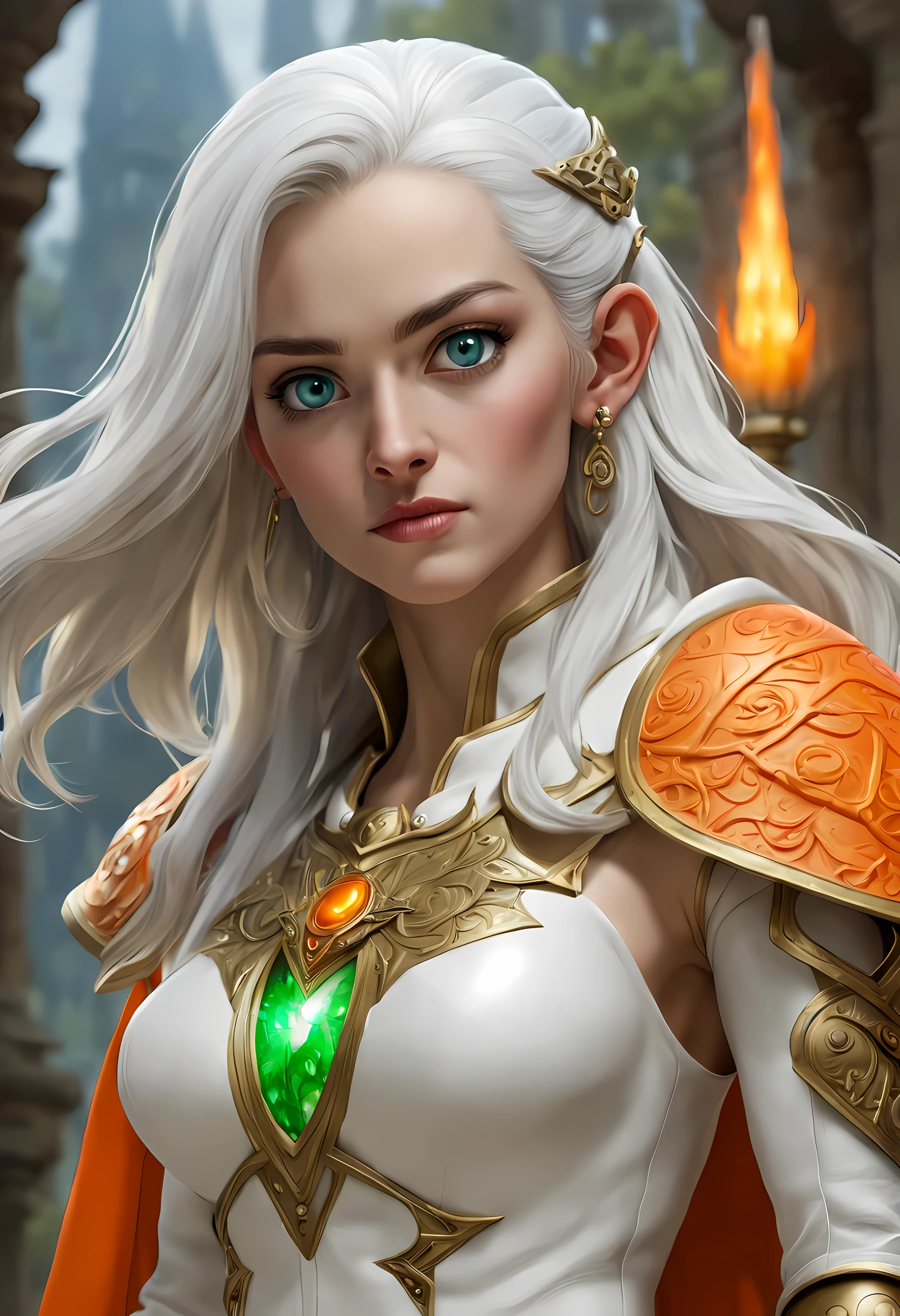 fantasy art, dnd art, RPG art, wide shot, (masterpiece: 1.4) a (portrait: 1.3) intense details, highly detailed, photorealistic, best quality, highres, portrait a female (fantasy art, Masterpiece, best quality: 1.3) bl3uprint (blue skin: 1.5, intense details facial details, exquisite beauty, (fantasy art, Masterpiece, best quality) cleric, (blue: 1.3) skinned female, (white hair: 1.3), long hair, intense (green: 1.3) eye, fantasy art, Masterpiece, best quality) armed a fiery sword red fire, wearing heavy (white: 1.3) half plate mail armor, wearing high heeled laced boots, wearing an(orange :1.3) cloak, wearing glowing holy symbol GlowingRunes_yellow, within fantasy temple background, reflection light, high details, best quality, 16k, [ultra detailed], masterpiece, best quality, (extremely detailed), close up, ultra wide shot, photorealistic, RAW, fantasy art, dnd art, fantasy art, realistic art,((best quality)), ((masterpiece)), (detailed), perfect face, ((no ears: 1.6))