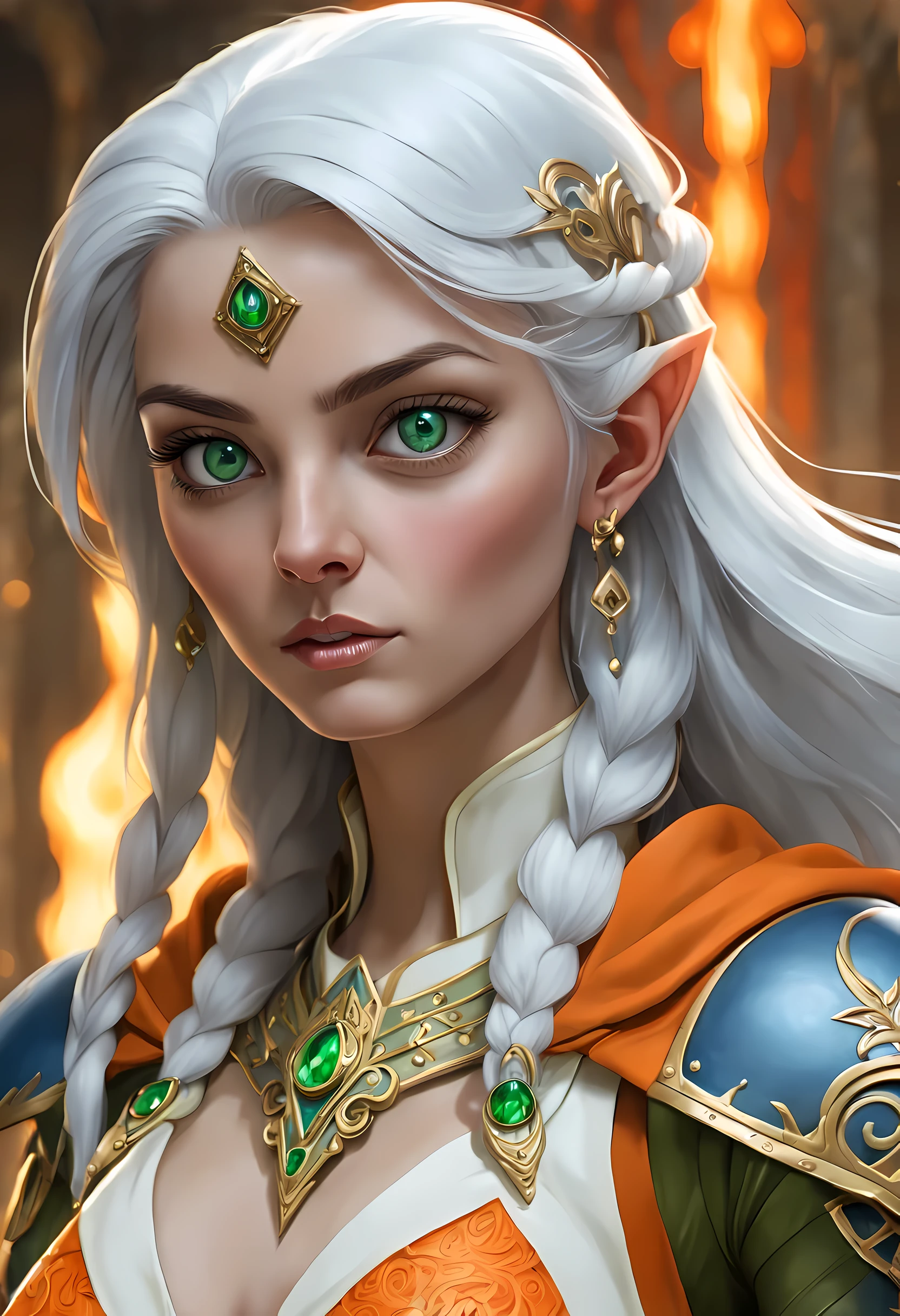 fantasy art, dnd art, RPG art, wide shot, (masterpiece: 1.4) a (portrait: 1.3) intense details, highly detailed, photorealistic, best quality, highres, portrait a female (fantasy art, Masterpiece, best quality: 1.3) bl3uprint (blue skin: 1.5, intense details facial details, exquisite beauty, (fantasy art, Masterpiece, best quality) cleric, (blue: 1.3) skinned female, (white hair: 1.3), long hair, intense (green: 1.3) eye, fantasy art, Masterpiece, best quality) armed a fiery sword red fire, wearing heavy (white: 1.3) half plate mail armor, wearing high heeled laced boots, wearing an(orange :1.3) cloak, wearing glowing holy symbol GlowingRunes_yellow, within fantasy temple background, reflection light, high details, best quality, 16k, [ultra detailed], masterpiece, best quality, (extremely detailed), close up, ultra wide shot, photorealistic, RAW, fantasy art, dnd art, fantasy art, realistic art,((best quality)), ((masterpiece)), (detailed), perfect face, ((no ears: 1.6))