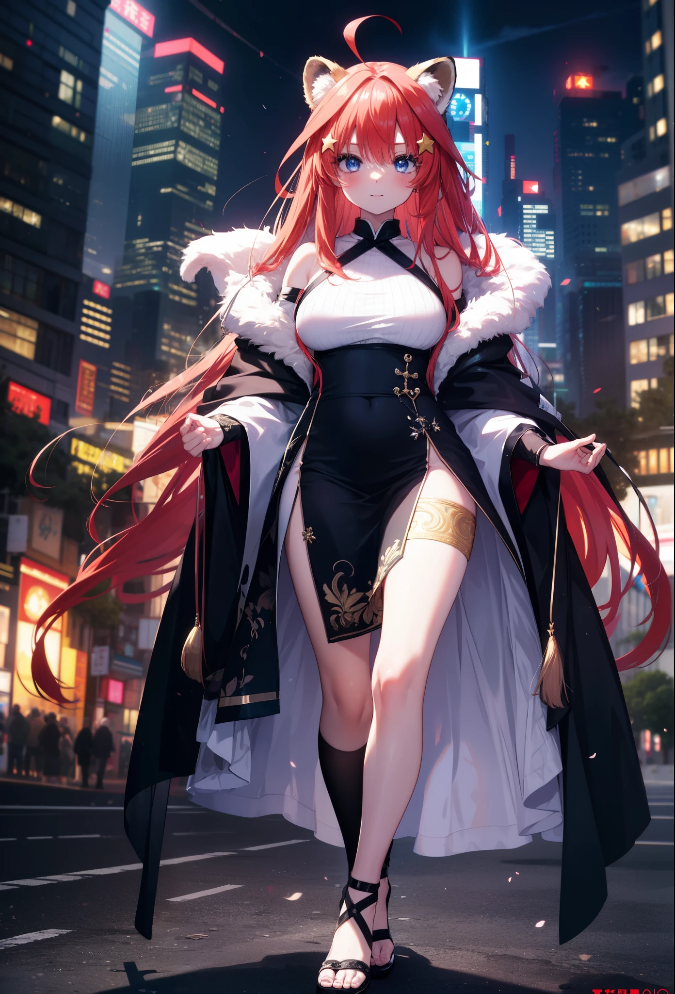 Satsuki Nakano, Itsuki Nakano, bangs, blue eyes, hair between eyes, Ahoge, redhead, star \(symbol\), hair ornaments, smile,blush,star hair ornaments,animal ears, raccoon ears, raccoon tail,bare shoulders,red official shoulder dress,long skirt,heel sandals,city,Walking outdoors, city
壊す (masterpiece:1.2), highest quality, High resolution, unity 8k wallpaper, (shape:0.8), (beautiful and detailed eyes:1.6), highly detailed face, perfect lighting, Very detailed CG, (perfect hands, perfect anatomy),