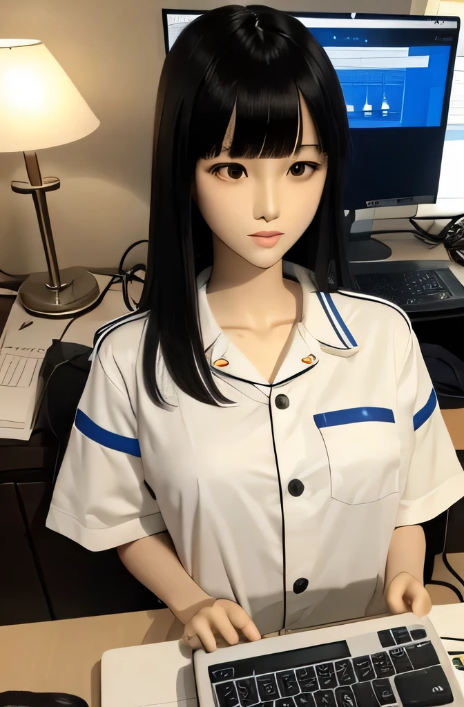 1 mannequin,That mannequin is Erika Ikuta.,That mannequin is 45 years old.,mannequin color'my face is white.,mannequin color'The body is pure white.,That mannequin has a thin and small face..,The mannequin has black hair(very flat straight hair,bangs),mannequin is wearing a girl' high school uniform.,The mannequin is holding a computer keyboard with both hands.