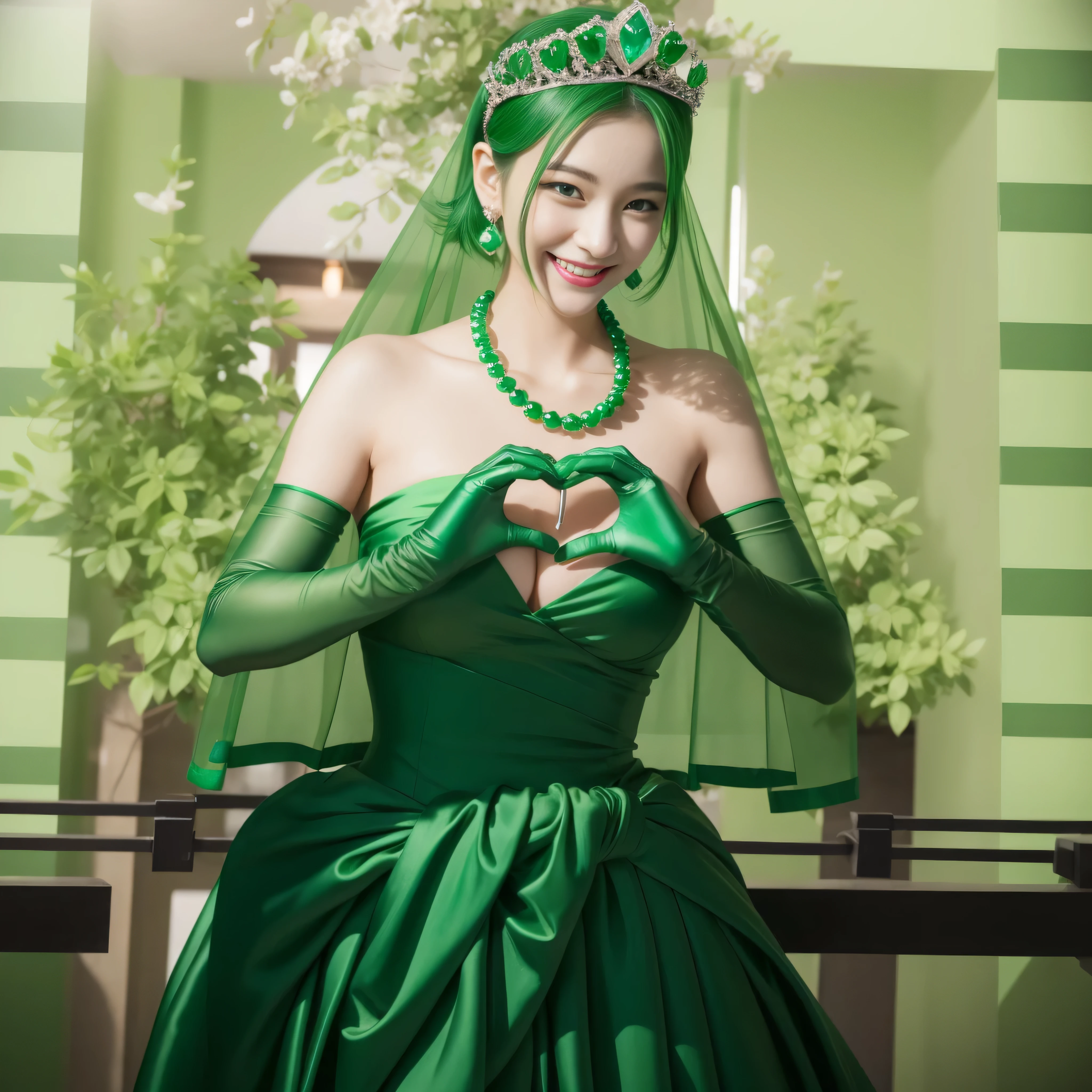 emerald tiara, green pearl necklace, ボーイッシュな非常に短いgreen hair, lipstick, smiling Japanese woman, very short hair, Beauty with large breasts, green eyes, Long Green Satin Gloves, green eyes, emerald earrings, green veil, heart with both hands, green hair, beautiful japanese woman, heart shaped hands:1.3, green lip gloss