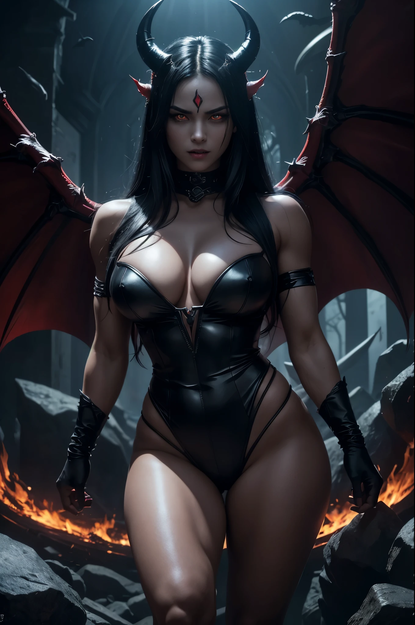 8K,Demon woman in hellfire,bat wings,Evil Gaze,black binoculars,ugly and distorted expression,muscular macho body,The lower body is covered with black hair,2 devil horns,long thin fangs,sharp teeth,sharp nails,barefoot,rugged rock surface,masterpiece,Photorealistic RAW photos of the highest quality。insidious color,Backlight, cinematic lighting, film grain, 50mm lens, Nikon D850,beautiful expression,fantasy art,character art,Glaring at the viewer,horror film,Cat-like eyes(Eyes),blue-black skin(super realistic skin),very big breasts,Red-black costume,