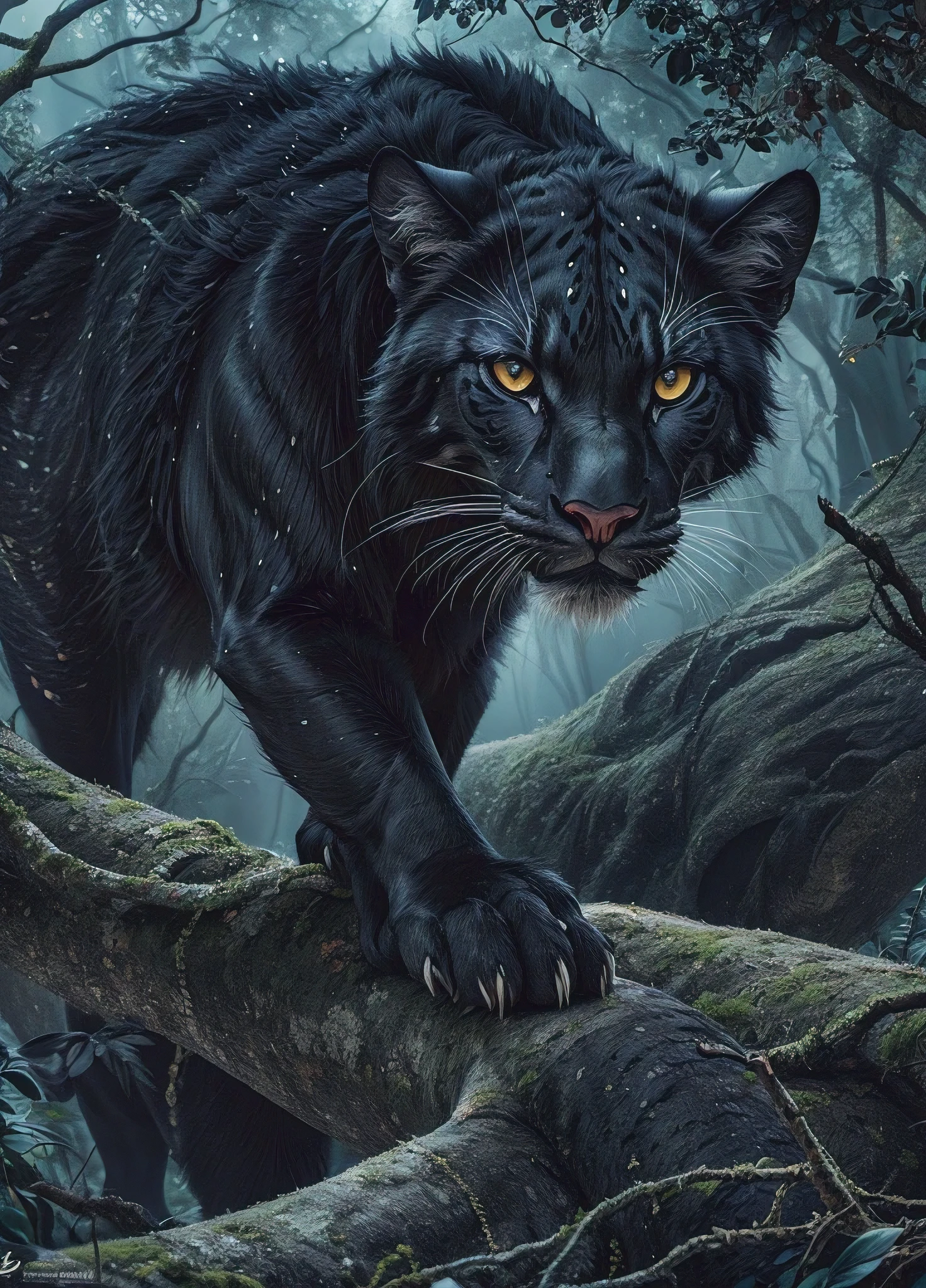 (best quality,4k,8k,highres,masterpiece:1.2),ultra-detailed,(realistic,photorealistic,photo-realistic:1.37),detailed eyes,detailed lips,extremely detailed eyes and face,longeyelashes,blackjaguar,captivating gaze,striking presence,vibrant colors,sharp focus,jungle environment,lush foliage,piercing eyes,ferocious expression,Intense stare,black sleek fur,exquisite details,expertly painted,subtle texture,meticulously rendered,focused composition,dramatic lighting,artistic style,contrast between light and shadow,colorful palette,ethereal atmosphere,hidden in the darkness,predatory instincts,breathtaking beauty,graceful movement,powerful predator,majestic creature,mesmerizing artwork.