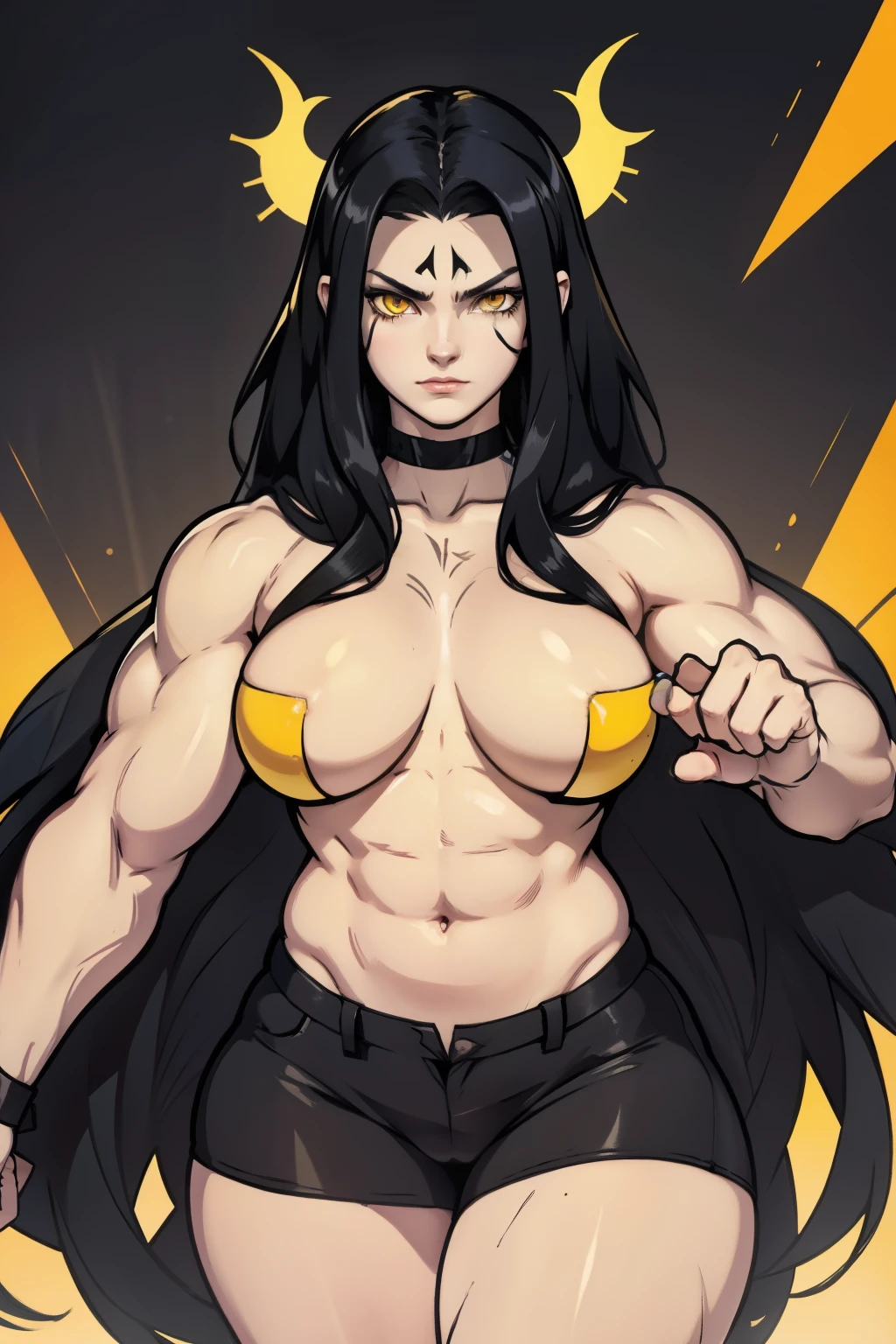 very long hair black hair yellow eyes pale skin muscular thick sad girl thick girl