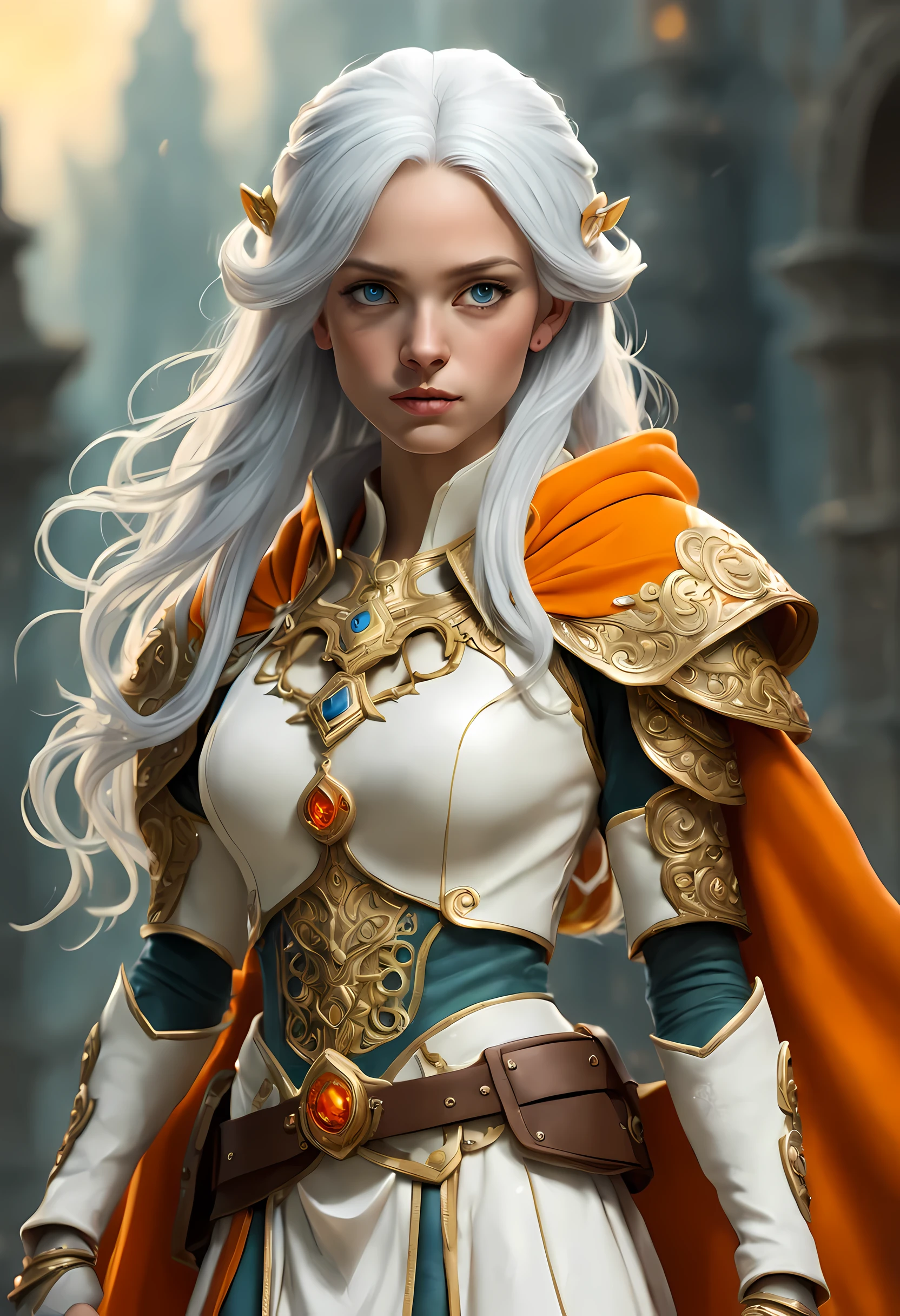 fantasy art, dnd art, RPG art, wide shot, (masterpiece: 1.4) a (portrait: 1.3) intense details, highly detailed, photorealistic, best quality, highres, portrait a female (fantasy art, Masterpiece, best quality: 1.3) bl3uprint (blue skin: 1.5, intense details facial details, exquisite beauty, (fantasy art, Masterpiece, best quality) cleric, (blue: 1.3) skinned female, (white hair: 1.3), long hair, intense (green: 1.3) eye, fantasy art, Masterpiece, best quality) armed a fiery sword red fire, wearing heavy (white: 1.3) half plate mail armor, wearing high heeled laced boots, wearing an(orange :1.3) cloak, wearing glowing holy symbol GlowingRunes_yellow, within fantasy temple background, reflection light, high details, best quality, 16k, [ultra detailed], masterpiece, best quality, (extremely detailed), close up, ultra wide shot, photorealistic, RAW, fantasy art, dnd art, fantasy art, realistic art,((best quality)), ((masterpiece)), (detailed), perfect face, ((no ears: 1.6))