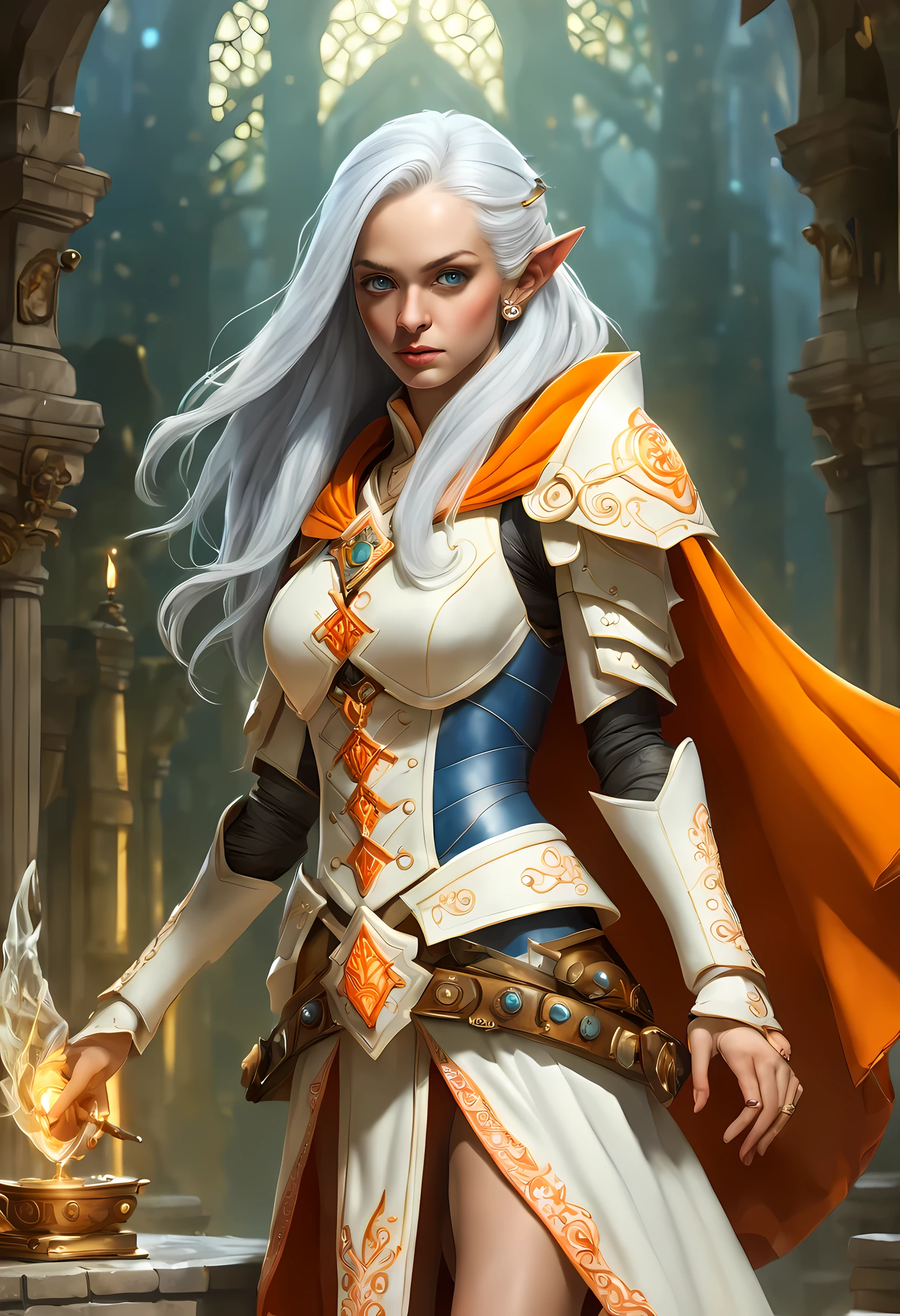 fantasy art, dnd art, RPG art, wide shot, (masterpiece: 1.4) a (portrait: 1.3) intense details, highly detailed, photorealistic, best quality, highres, portrait a female (fantasy art, Masterpiece, best quality: 1.3) bl3uprint (blue skin: 1.5, intense details facial details, exquisite beauty, (fantasy art, Masterpiece, best quality) cleric, (blue: 1.3) skinned female, (white hair: 1.3), long hair, intense (green: 1.3) eye, fantasy art, Masterpiece, best quality) armed a fiery sword red fire, wearing heavy (white: 1.3) half plate mail armor, wearing high heeled laced boots, wearing an(orange :1.3) cloak, wearing glowing holy symbol GlowingRunes_yellow, within fantasy temple background, reflection light, high details, best quality, 16k, [ultra detailed], masterpiece, best quality, (extremely detailed), close up, ultra wide shot, photorealistic, RAW, fantasy art, dnd art, fantasy art, realistic art,((best quality)), ((masterpiece)), (detailed), perfect face, ((no ears: 1.6))