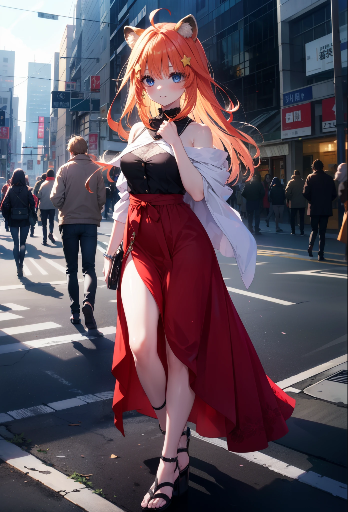 Satsuki Nakano, Itsuki Nakano, bangs, blue eyes, hair between eyes, Ahoge, redhead, star \(symbol\), hair ornaments, smile,blush,star hair ornaments,animal ears, raccoon ears, raccoon tail,bare shoulders,red official shoulder dress,long skirt,heel sandals,city,Walking outdoors, city
壊す (masterpiece:1.2), highest quality, High resolution, unity 8k wallpaper, (shape:0.8), (beautiful and detailed eyes:1.6), highly detailed face, perfect lighting, Very detailed CG, (perfect hands, perfect anatomy),