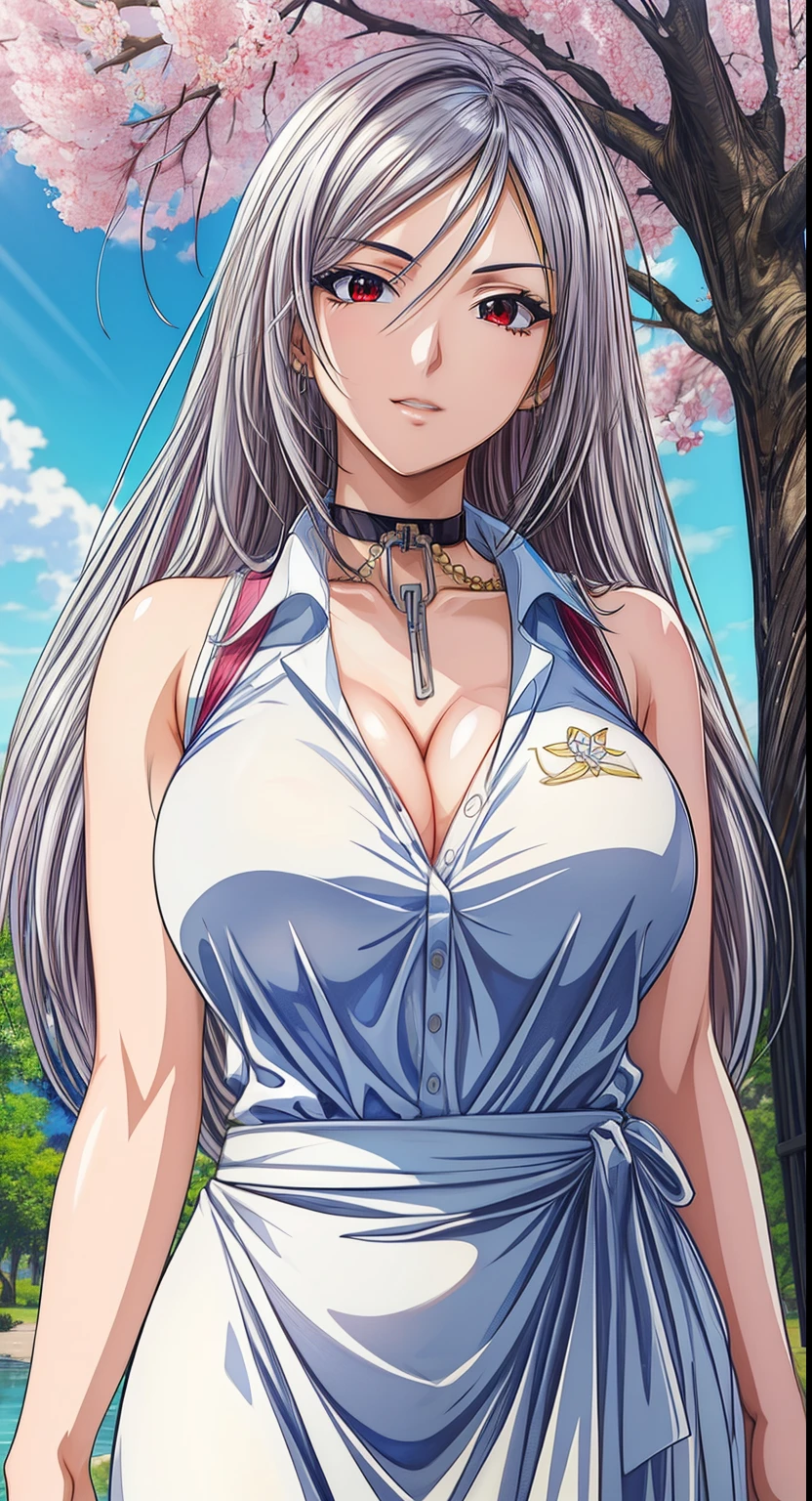 red eyes, (highest quality, masterpiece painting:1.3), mature woman, 26 years old, (half body shot:1.3), silver hair, long hair, (big breasts:1.2), white dress, (tight waist:1.1), cleavage, perfect body, (athlete body:1.1), soft skin, anime face, perfect face, (perfect eyes:1.3), shining eyes, smoky eyeliner, eye shadow, anime eyes, looking at the viewer, smart, under the cherry tree, SakuraFubuki, sharp focus, intricate details, professional artwork, (Bright colors:1.1), Bright colors, diffused lighting, digital blending, Super detailed body, ultra detail hair, super detailed face, It&#39;s trending on pixiv, top button opened, shy girl, Cute gaze, compensate, perfect lips, perfect compensate, Super precise painting,