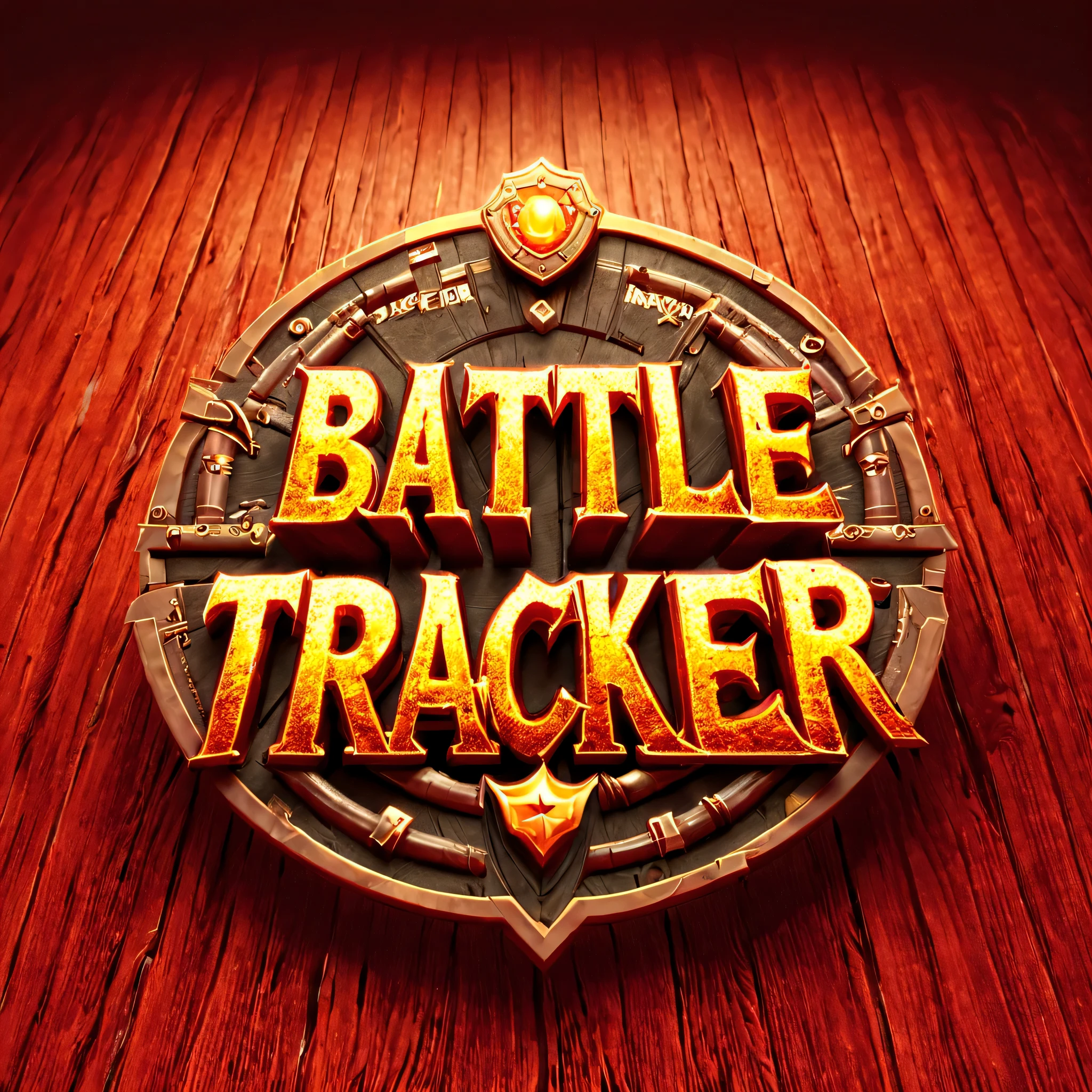 (Battle Tracker:1.3) text logo, RPG, clean, vector, 3D, boardgame, round shield, battle diorama