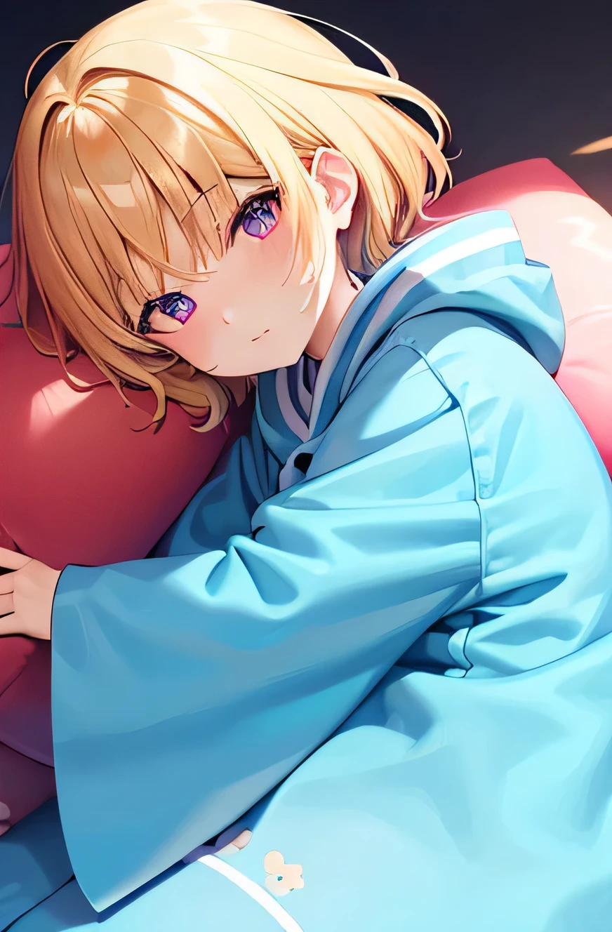 1girl, , short yellow hair, violet eyes, wearing short kimono, big hood, sleeping, hug a very big baloon, absurdres, high res, ultrasharp, 8K, masterpiece, looking at viewer