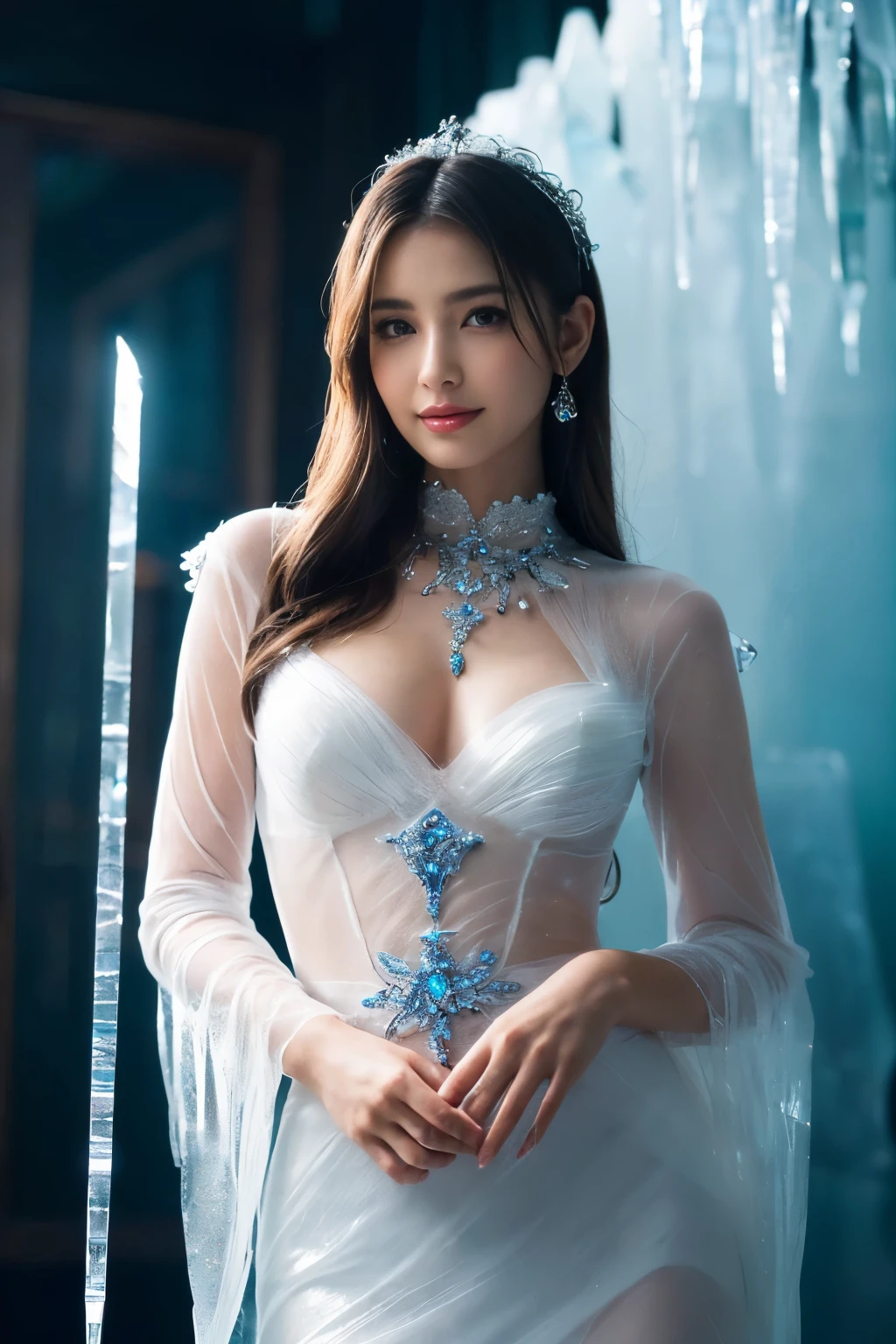 ((table top:1.4, highest quality)), (realistic pictures:1.4), 
((1 girl)), 
(超High resolution:1.2), very delicate and beautiful, wonderful, 
Highly detailed CG Unity 8K wallpaper, Super detailed, High resolution, soft light, 
beautiful detailed girl, highly detailed eyes and face, beautifully detailed nose, beautiful and detailed eyes, 
(wearing a dressed up costume:1.4),
cinematic lighting, perfect anatomy, slender body, thin chest,
(ice castle guest room:1.3), (ice furniture:1.3), (transparency of ice, The aesthetics of light refracting through ice:1.3),
cowboy shot, looking at the viewer, smile
